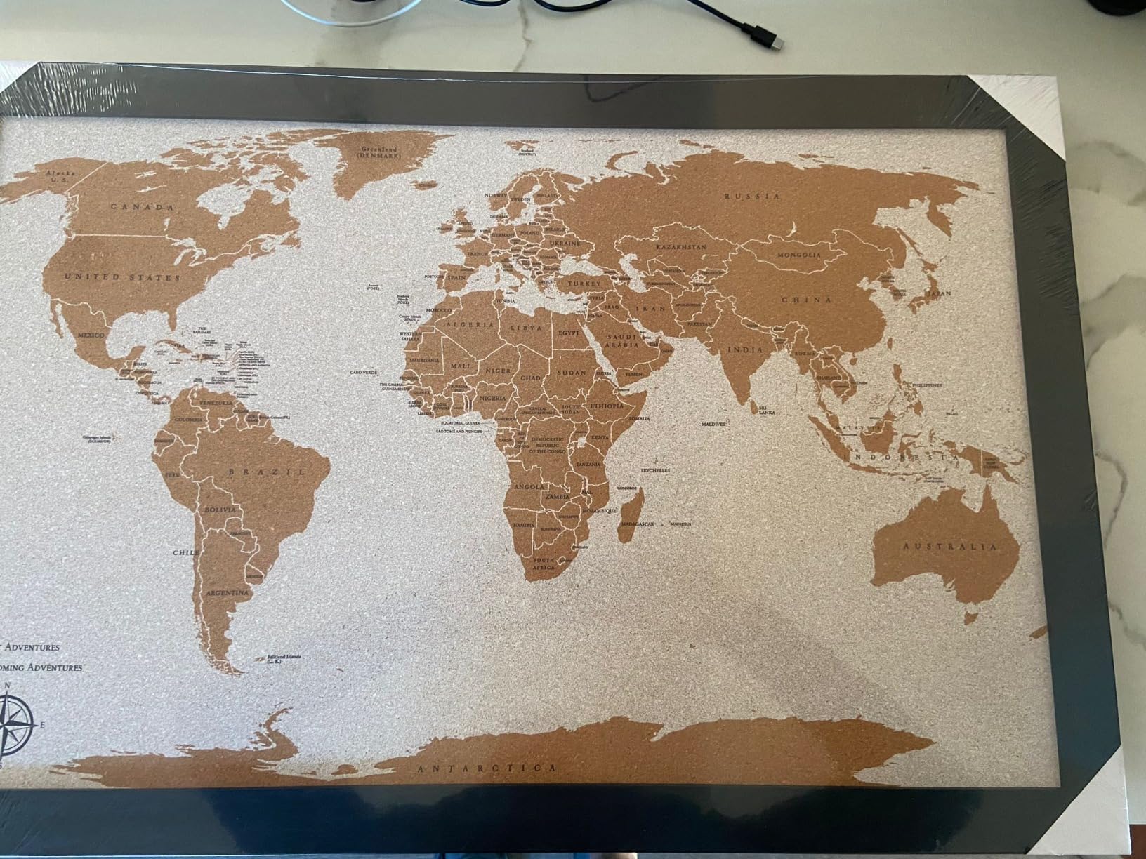AdventureScape Push Pin World Travel Map, Framed Cork Map Pin Board | 30x20 framed cork board wall art; 200 pins to track adventures; premium travel gift for couples and families customer photo 1