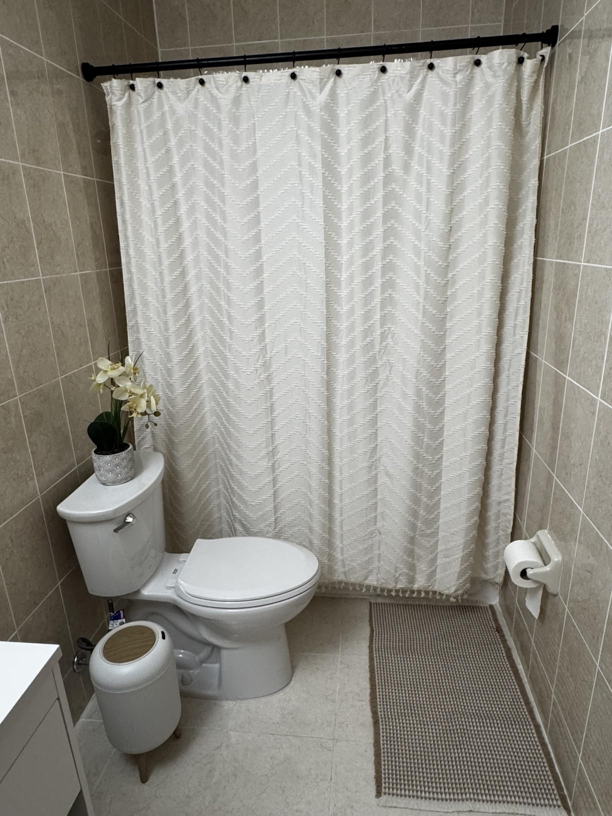 AmazerBath Boho Shower Curtain, Modern Farmhouse Shower Curtain Set with Tassels, Rustic Faux Linen Green Striped Shower Curtain with Hooks, Light Tan Toned, 72x72 Inches customer photo 1