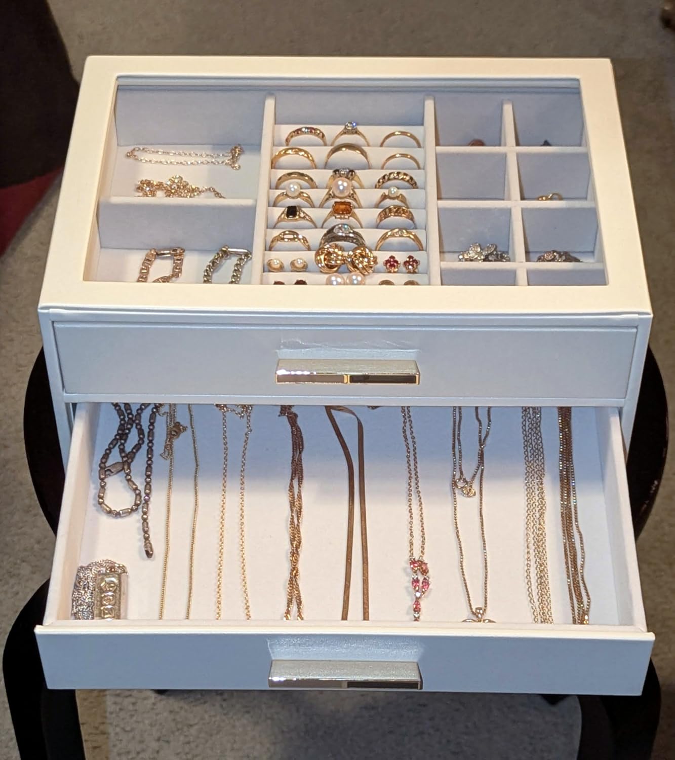 VLANDO Jewelry Box Organizer, 3-Layer Storage Drawers, Glass Window, Modern | Stylish Color-Blocked Design Metal Handle, Jewelry Storage Organizer for Rings, Earrings, Bracelets, Gift for Women Girls customer photo 1