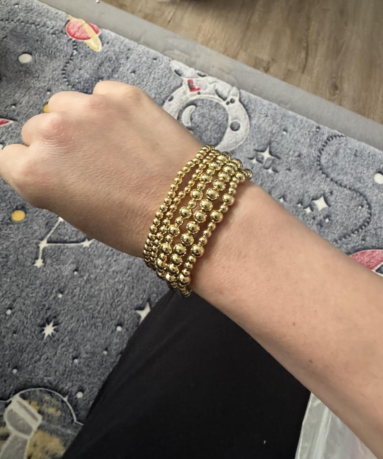 Gold Bracelets for Women Waterproof, 14K Gold Plated Beaded Strand Bead Ball Bracelets stack Adjustable Jewelry Set for Gifts customer photo 1