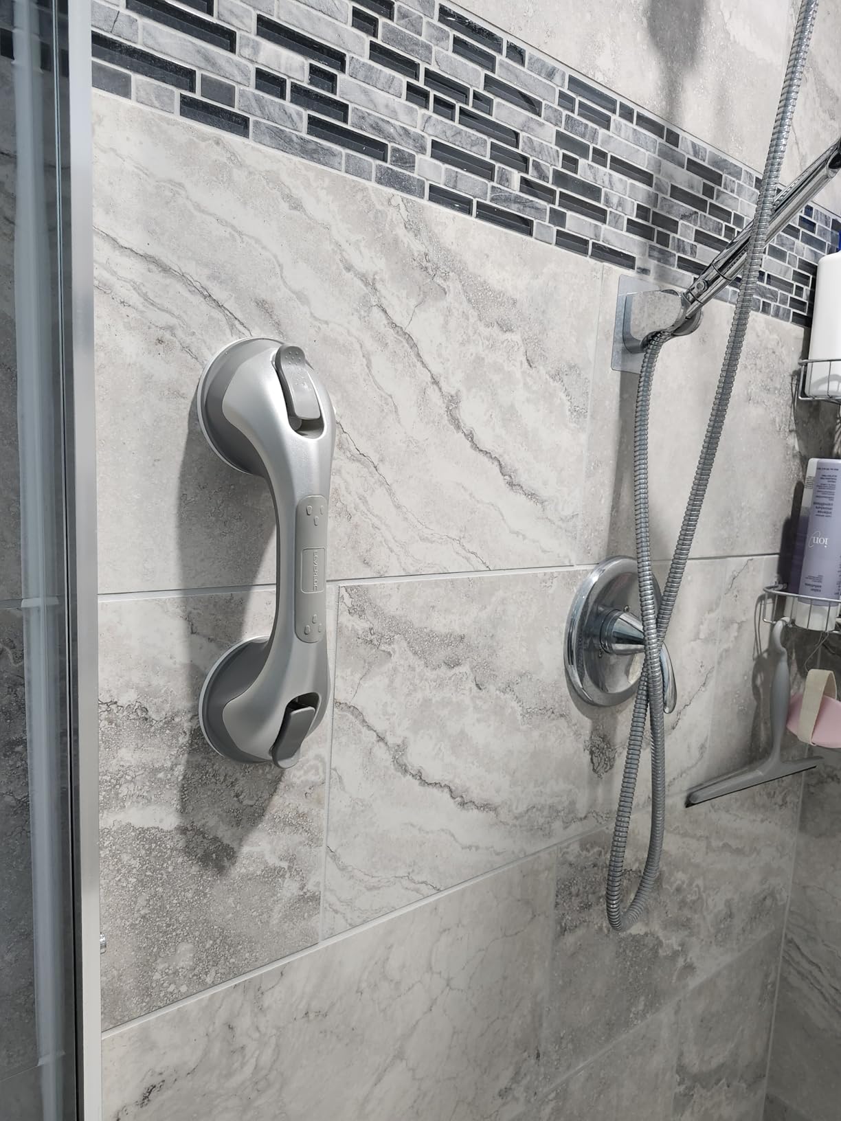LEVERLOC Shower Grab Bar, 12 Inch Suction Grab Bars for Bathtubs and Showers for Elderly, No Drilling Removable, Grey customer photo 2