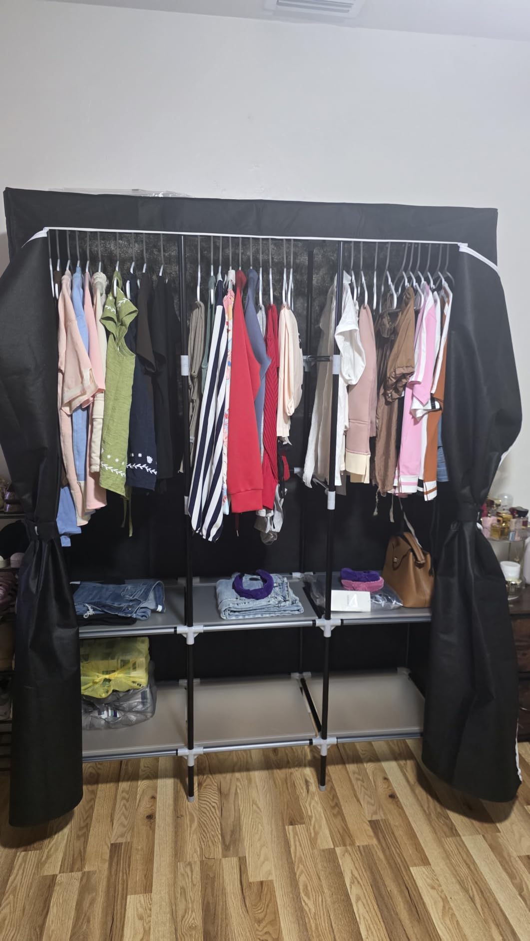 LOKEME Wardrobe Closet, Steel Pipe Diameter 19mm, Portable Closet for Bedroom | Strong and Sturdy Portable Closets for Hanging Clothes with 3 Hanging rods, 6 Storage Shelves and Side Pockets customer photo 2