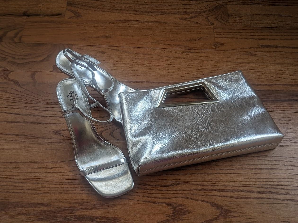 Women's PU Leather Clutch Purse with Metallic Geo Top Handle customer photo 2