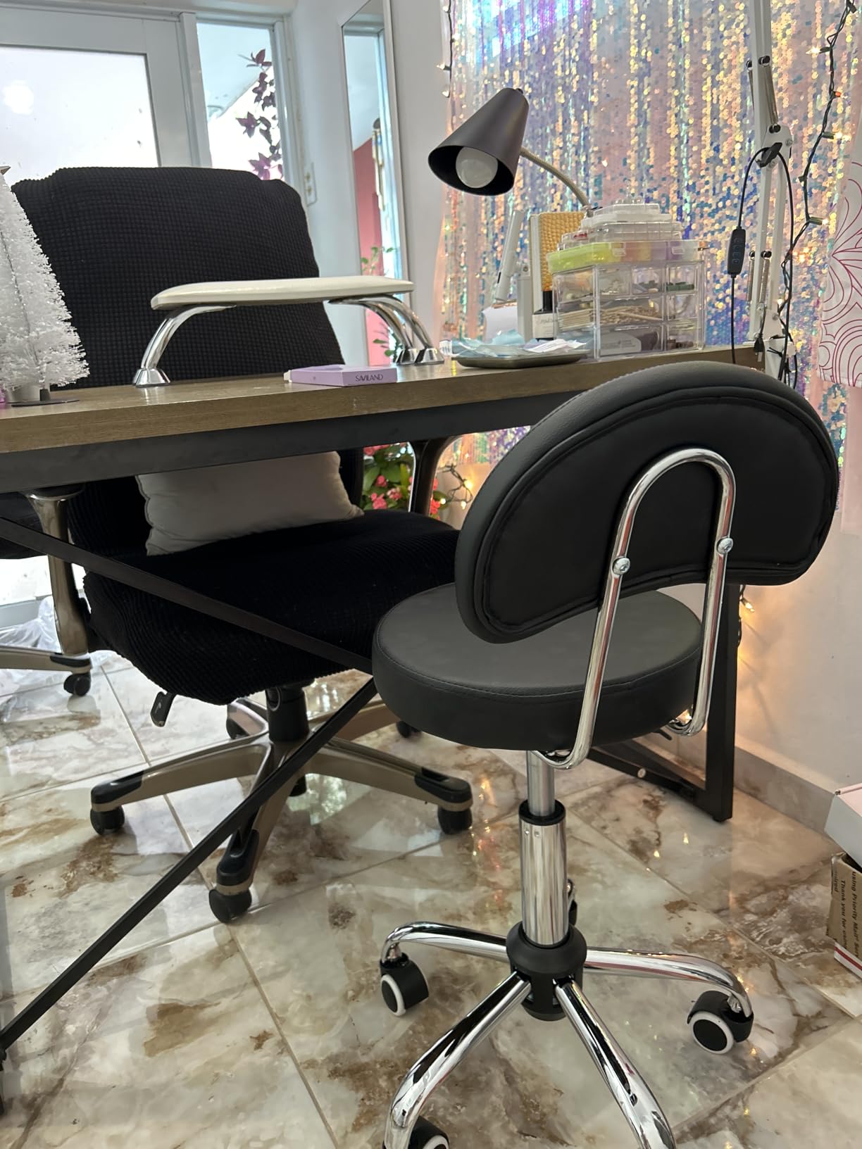 KKTONER Rolling Stool with Mid Back Height Adjustable Chair PU Leather Swivel Chair with Wheels for Office Home Task Drafting (Black) customer photo 1