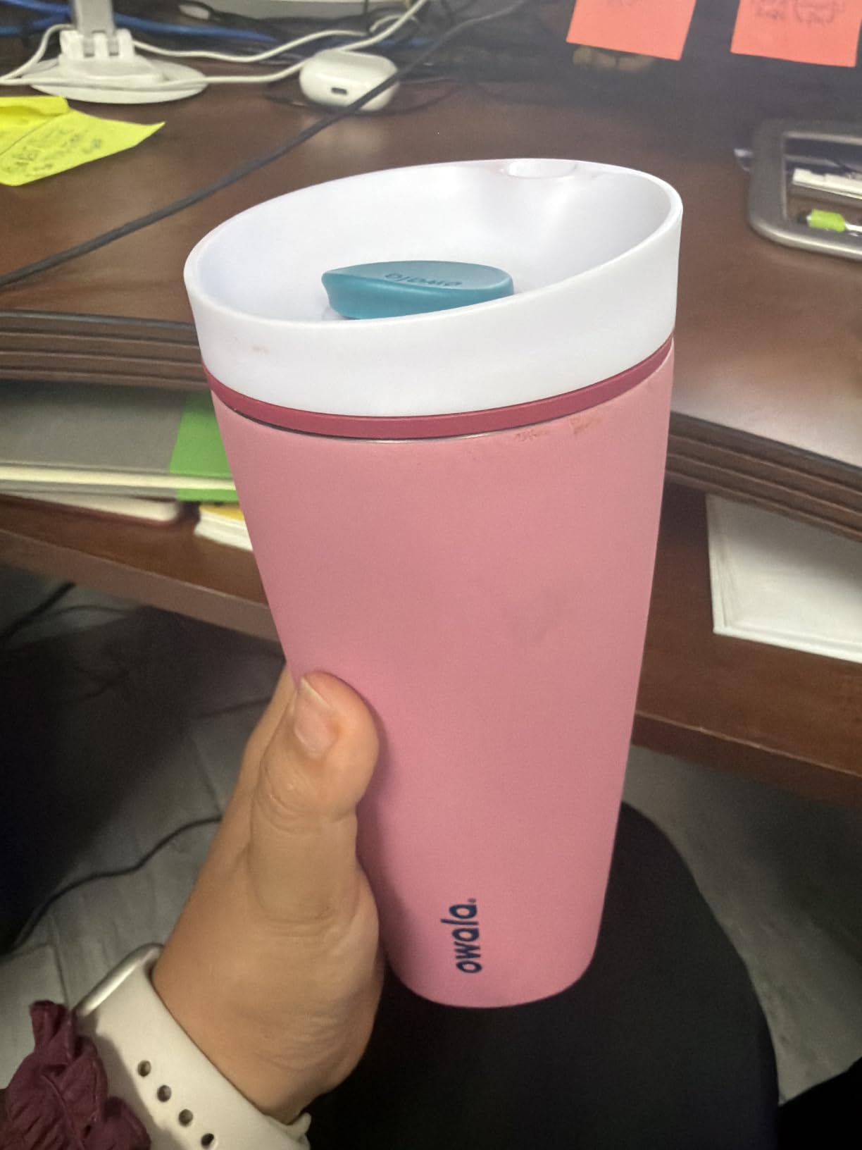 Owala SmoothSip Slider Insulated Stainless Steel Coffee Tumbler, Reusable Iced Coffee Cup, Hot Coffee Travel Mug, BPA Free 20 oz, Grey/Blue (High Dive) customer photo 1