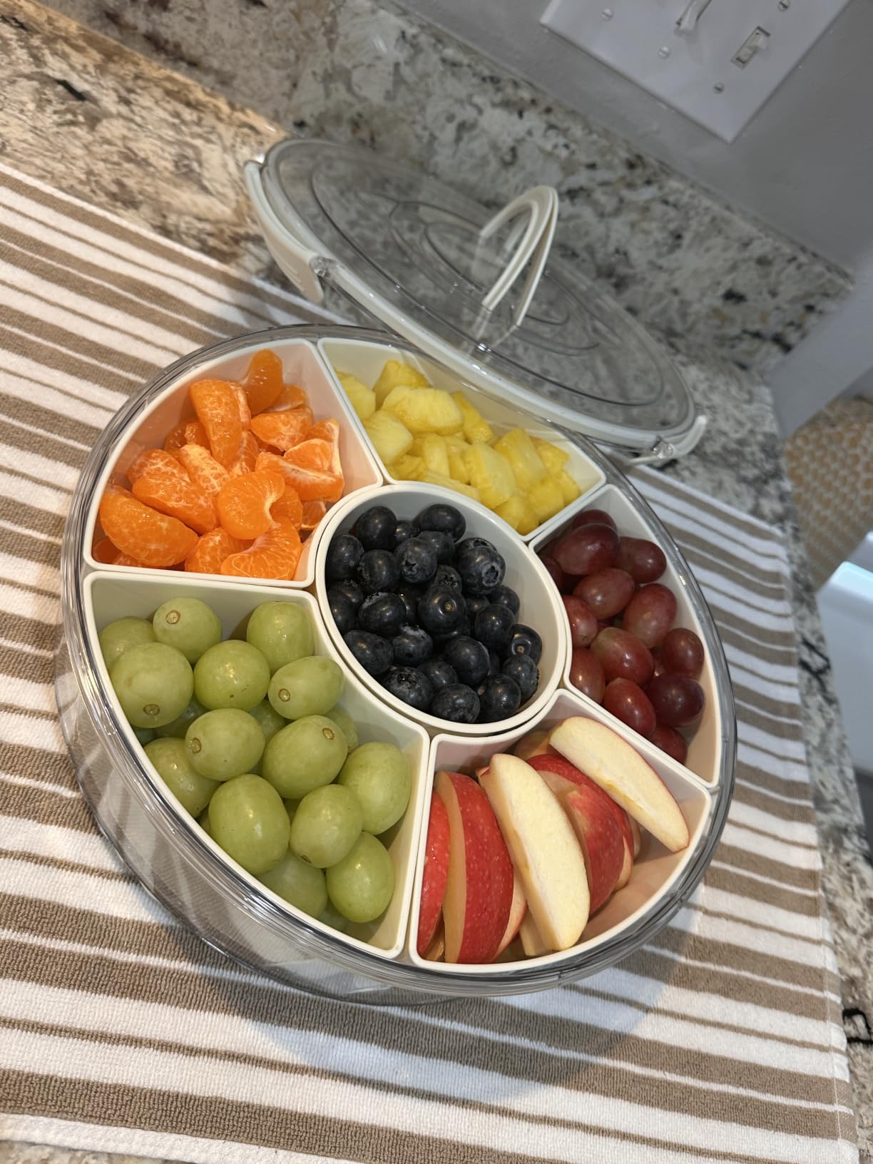 Divided Serving Tray with Lid and Handle, Stackable Snackle Box Container for Fruits Candy Organizer, Portable Spinning Rounded Veggie Tray for Kitchen, Party, Travel and Picnic customer photo 2