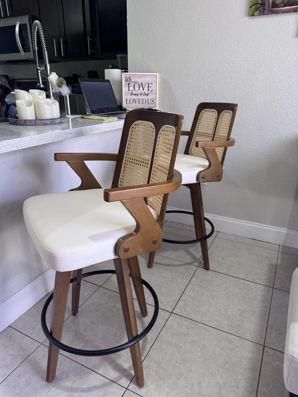 Swivel Counter Stools with Arms, Kitchen Island Stools with Rattan Back | Walnut Bentwood Frame, Curved Arms, Upholstered Seat, Adjustable Bamboo Legs, Counter Top Stools for Island, Pub, Kitchen customer photo 1