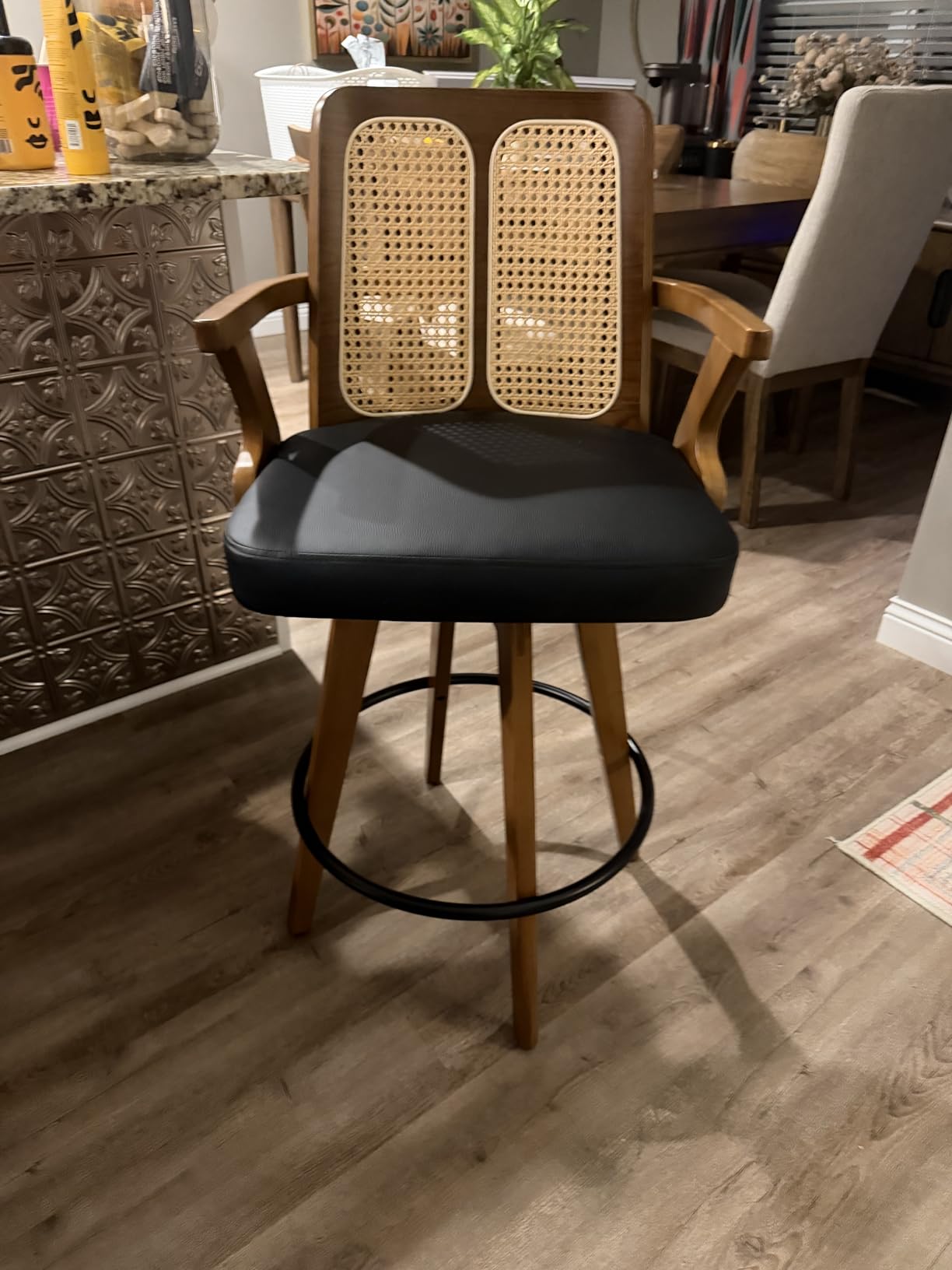 Swivel Counter Stools with Arms, Kitchen Island Stools with Rattan Back | Walnut Bentwood Frame, Curved Arms, Upholstered Seat, Adjustable Bamboo Legs, Counter Top Stools for Island, Pub, Kitchen customer photo 2