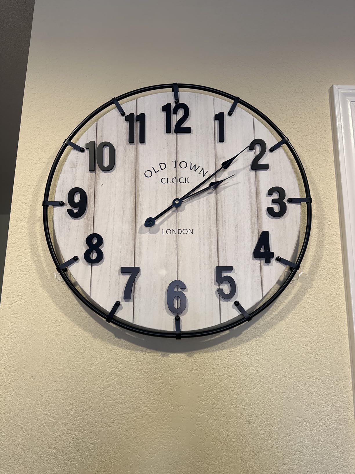 Large Old Town Farmhouse Wall Clock - 24 Inches Rustic Antique Wood with Metal Circle and Large Numerals, Silent Battery Operated Clock for Office, Kitchen, Bedroom, Living Room (Washed White) customer photo 1