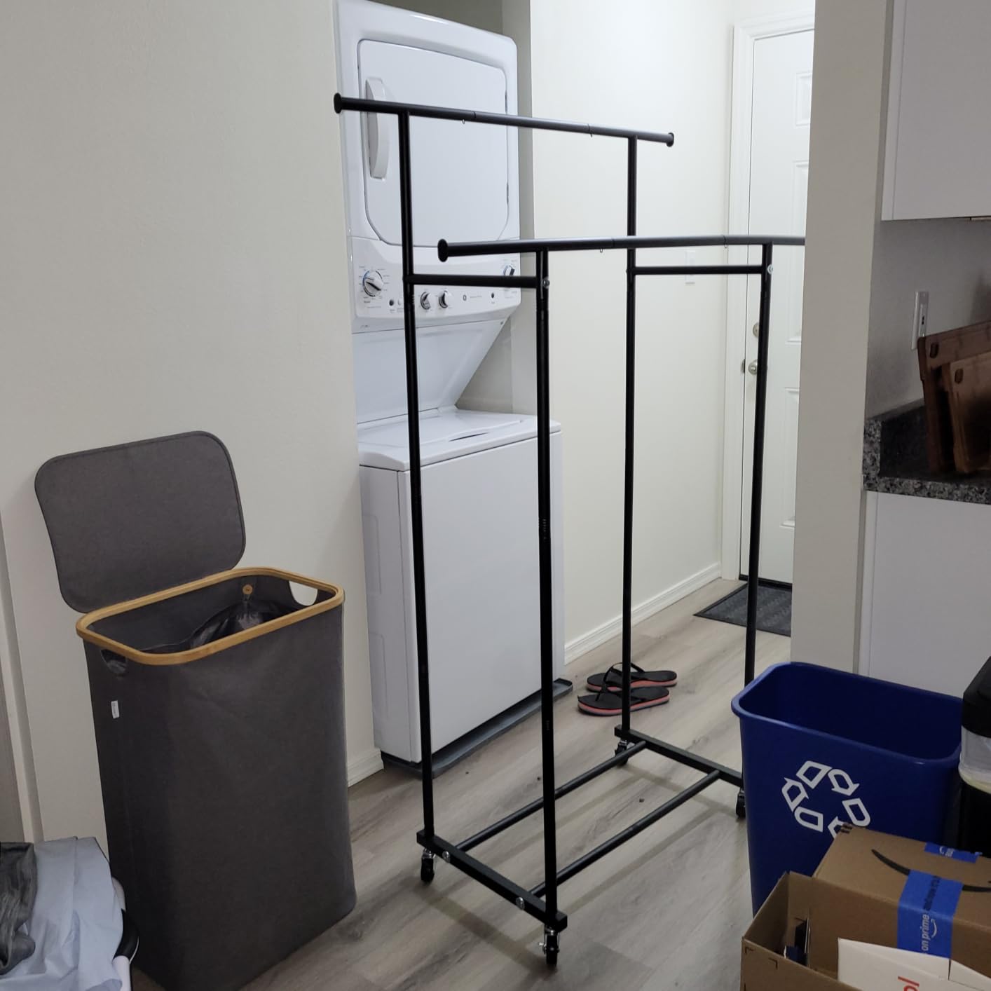 HYSEYY Double Rods Clothes Rack, Rolling Clothing Rack for Hanging Clothes Portable Wardrobe Rack, Metal Garment Rack Sturdy Coat Rack for Bedroom Laundry Living Room, Black customer photo 2