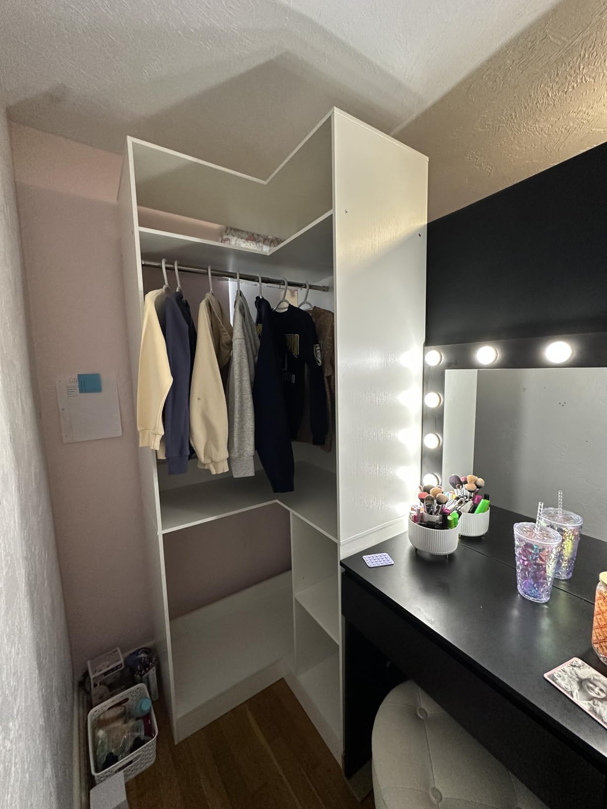 Aheaplus Corner Closet System With Shelves, 34'' Organizer With Hanging Rods, Wood Walk-in for Small Space, Freestanding Tower, L Shaped Garment Rack, White customer photo 2