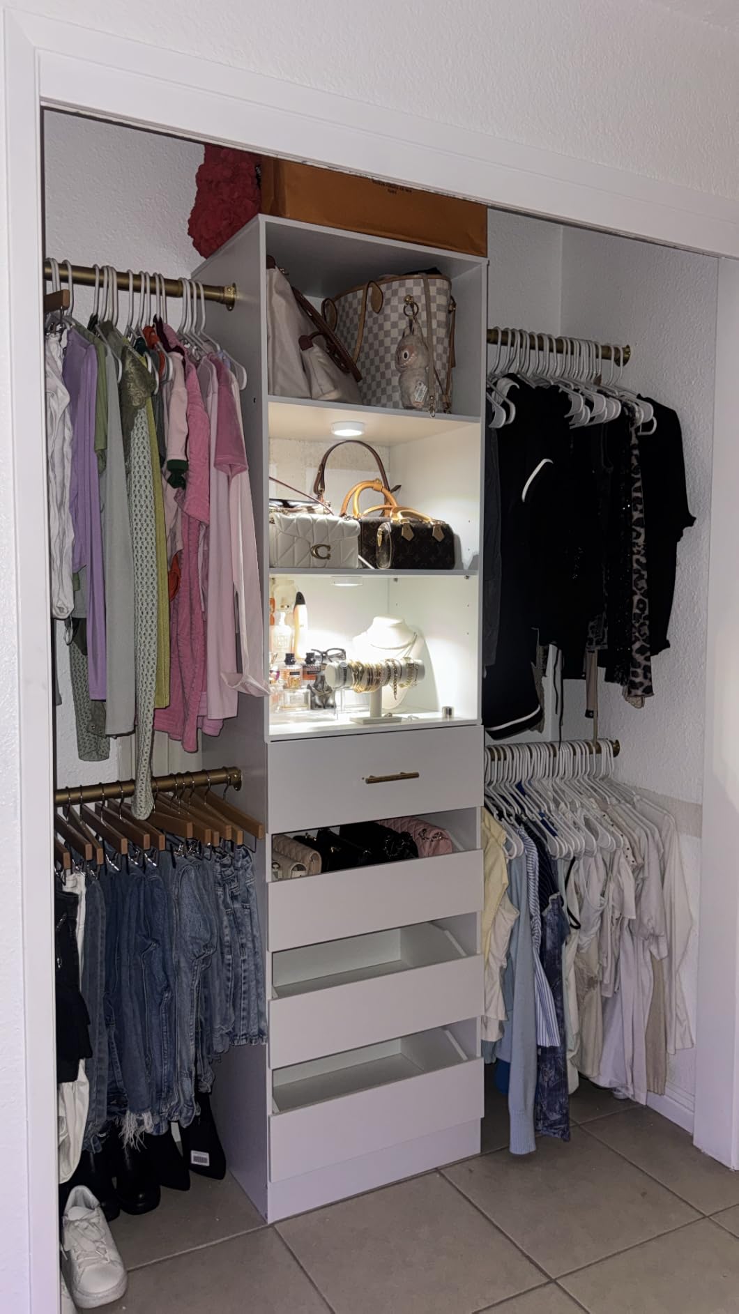 Aheaplus Closet System, 4-9Ft Closet Organizer with 4 Wooden Drawers, White | Wood Closet Organizer System with Tower, Walk-in Closet Organizer Wardrobe Clothes Rack with 4 Hanging Rods, Garment Rack customer photo 2