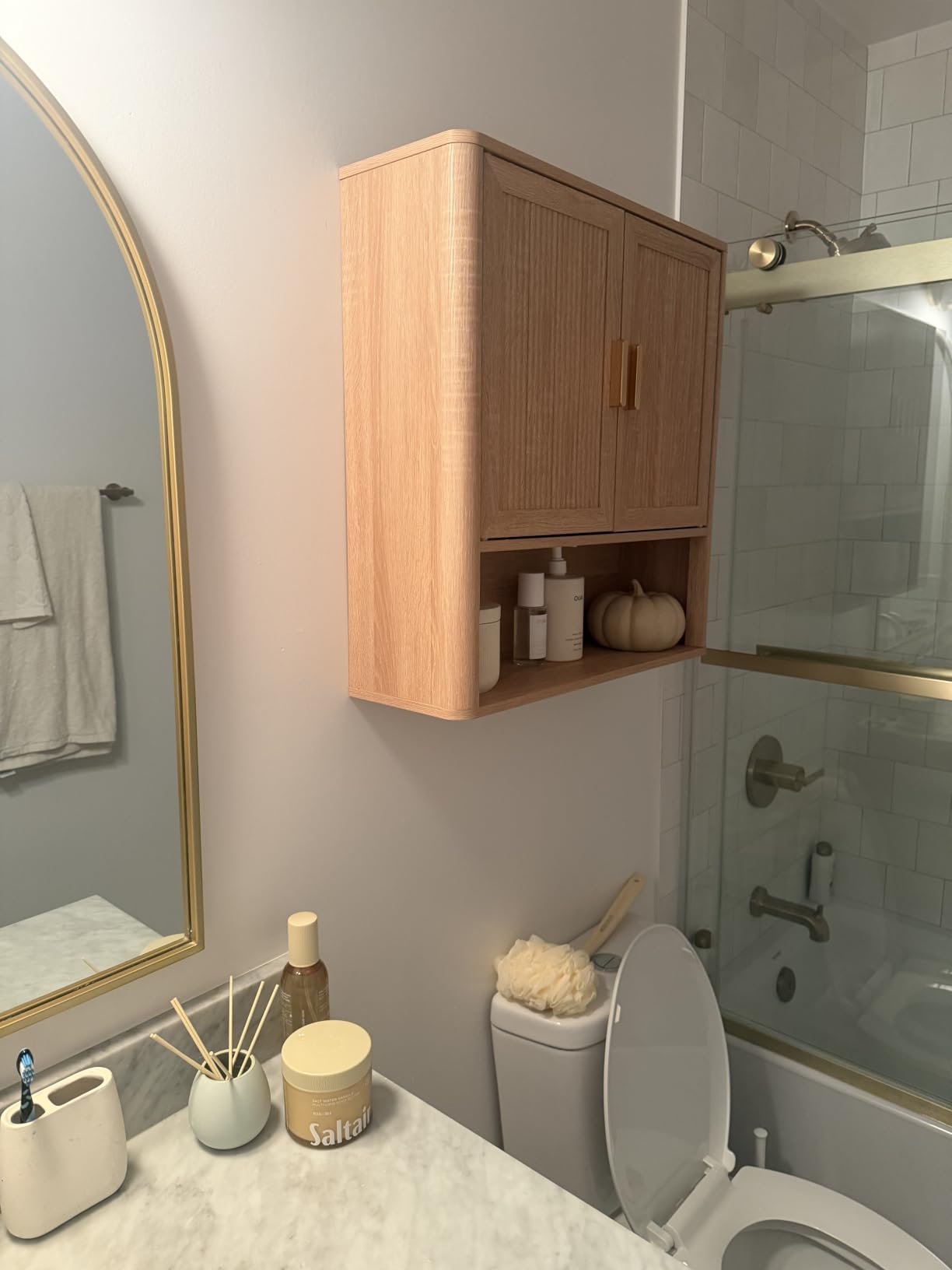 INNOD Bathroom Wall Storage Cabinet, Medicine Cabinet with Adjustable Wood Shelf & Doors, Over the Toilet Storage Cabinet for Laundry Room & Living Room Kitchen Storage Islands (Natural Oak) customer photo 1