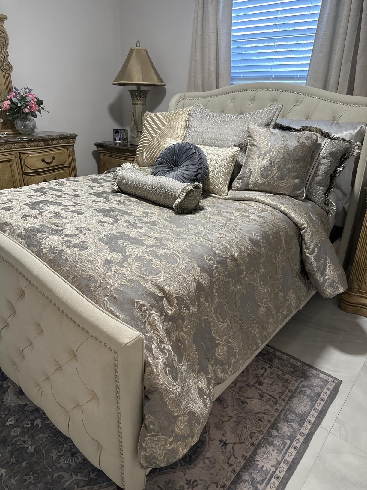 Loom and Mill 9-Piece Luxury Jacquard Comforter Set, Gray+Beige Brown, Queen | Royal Elegant Damask Bedding Set, Soft Queen Comforter Sets with Bed Skirt, Euro Shams, Decorative Pillows for All Season customer photo 1