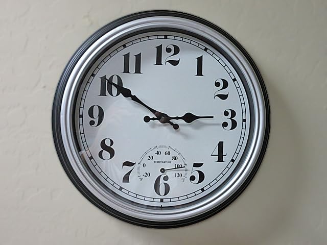 45MinST 13-Inch Vintage Outdoor Wall Clock with Thermometer and Hygrometer, Waterproof, Large Numbers, Silent, for Indoor and Outside Use, Porch, Garden, Pool (Black Frame with Silver Trim) customer photo 1