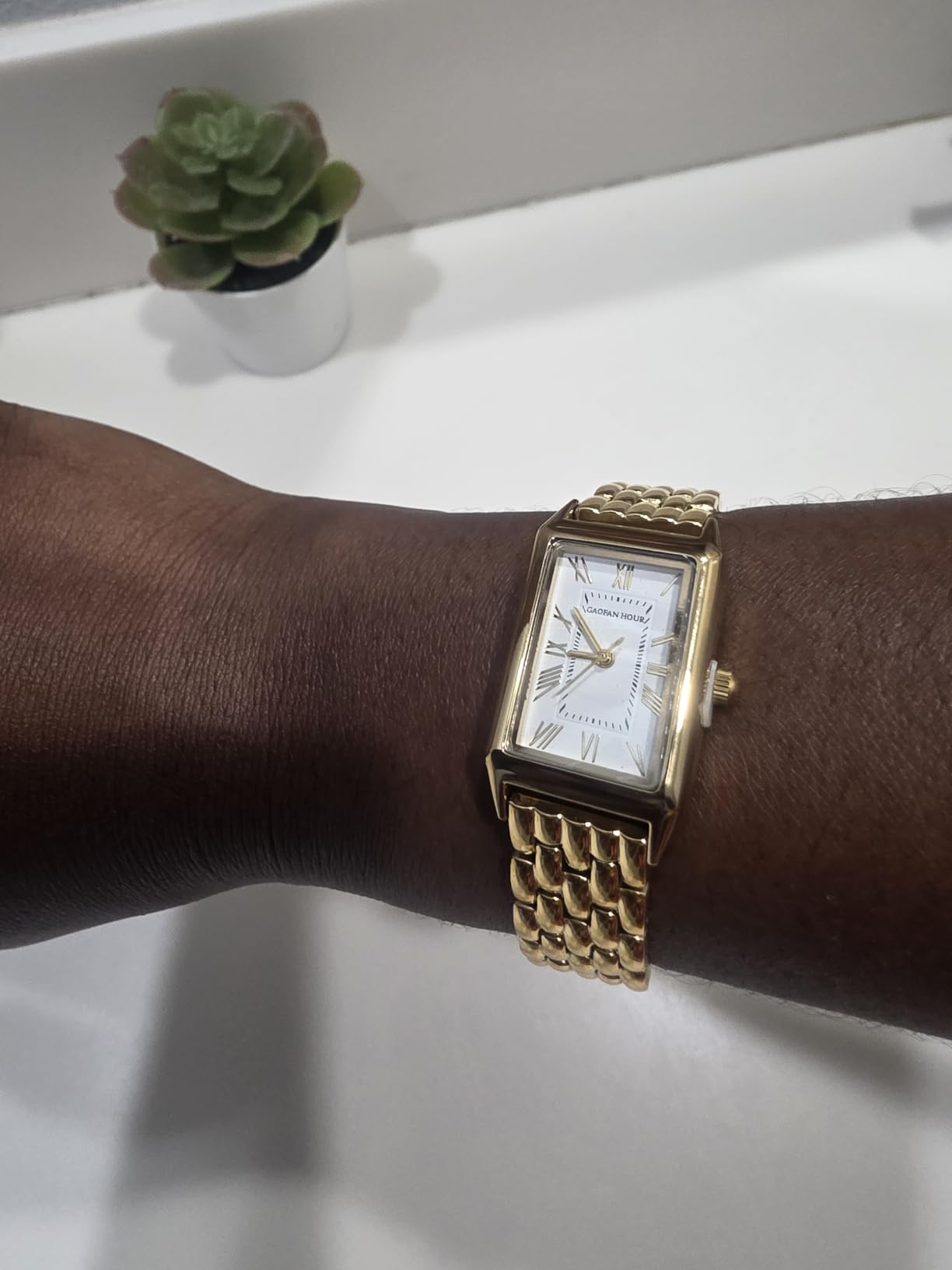 Gold Watches for Women with Vintage Rectangular Case, White Roman Dial, Stainless Steel Band, Adjustment Tool Included, Water Resistant customer photo 1