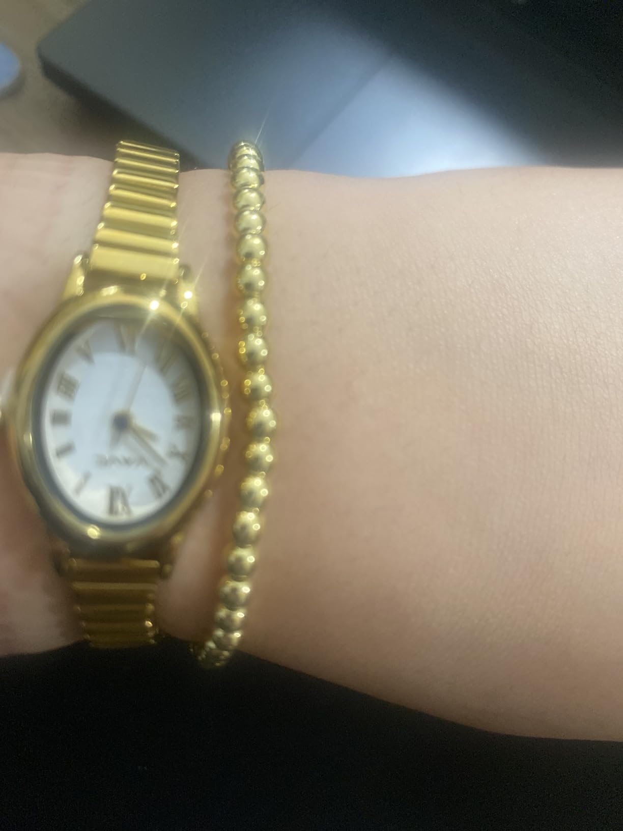 Small Gold Watches for Women, Analog Womens Watch with Stainless Steel Expansion Band, Oval Case Roman Dial, Water Resistant customer photo 2