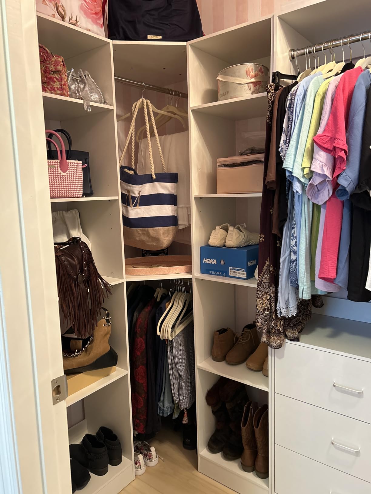 Besiost Corner Closet System with 3 Drawers, Corner Closet Organizer System | Reversible L Shaped Closet Systems with 13 Shelves & 3 Hanging Rods, 60.5