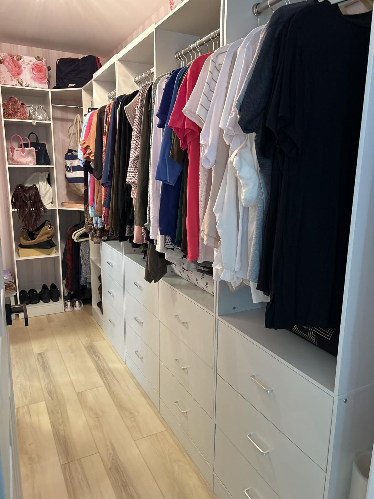 Besiost Corner Closet System with 3 Drawers, Corner Closet Organizer System | Reversible L Shaped Closet Systems with 13 Shelves & 3 Hanging Rods, 60.5