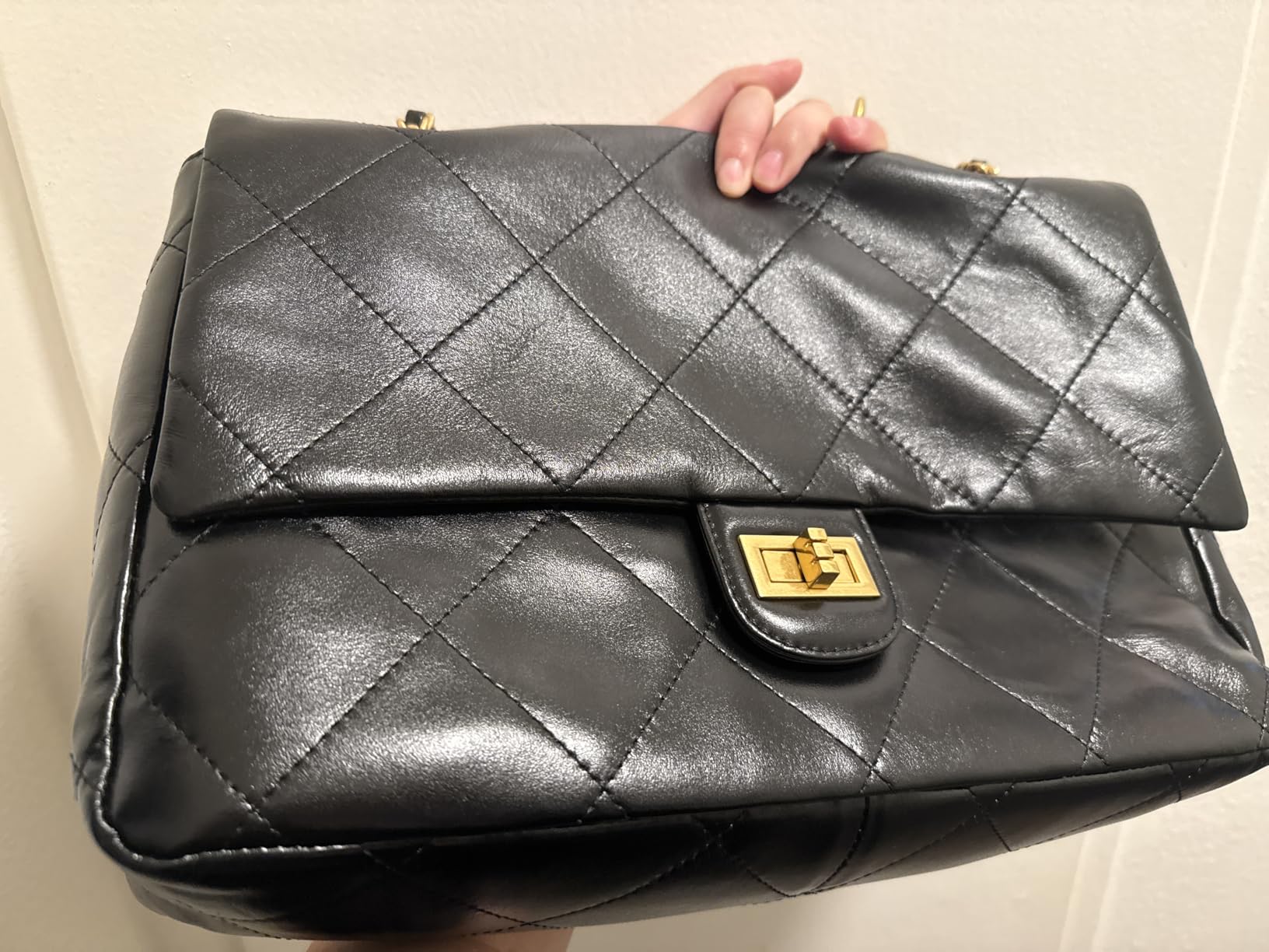 M-ioi-M Large Vintage Oiled Leather Quilted Flap Shoulder Bag with Chain customer photo 2