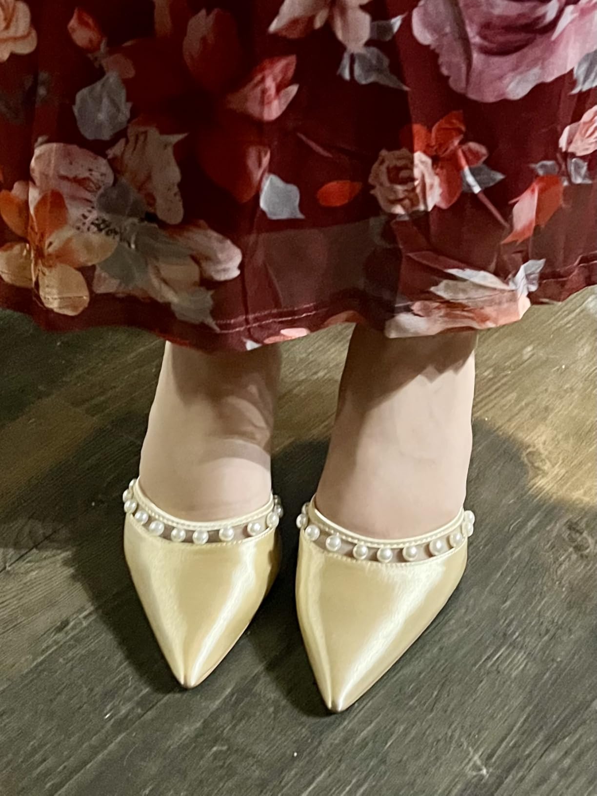 Womens Pearl Chunky Heels Wedding Shoes for Bride Closed Pointed Toe Ankle Strap Satin Pumps customer photo 1