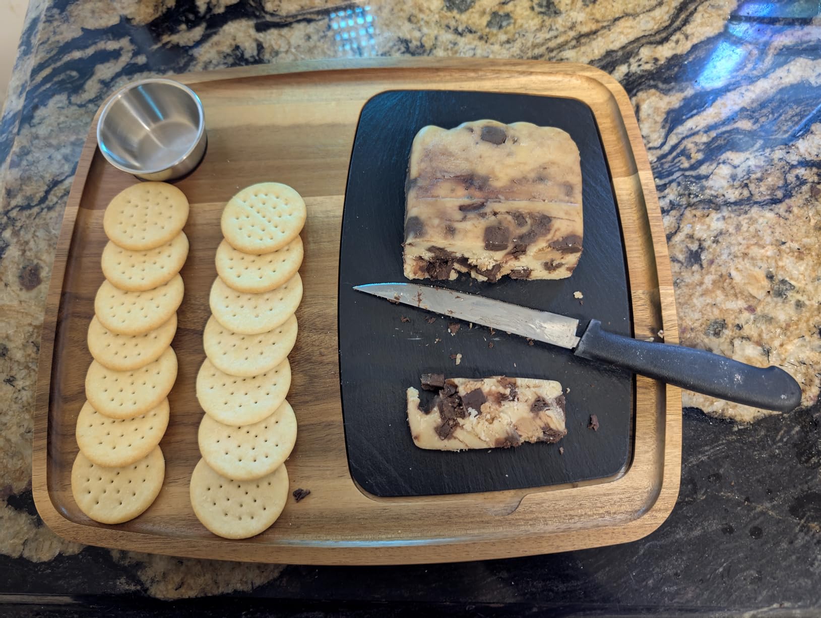 Acacia Wood Serving Plate with Sauce Cup & Removable Slate Insert for Meat Sausages Cheese, Steak Serving Tray Cutting Board Serving Platter Cheese Platter Perfect for Housewarming Christmas customer photo 1