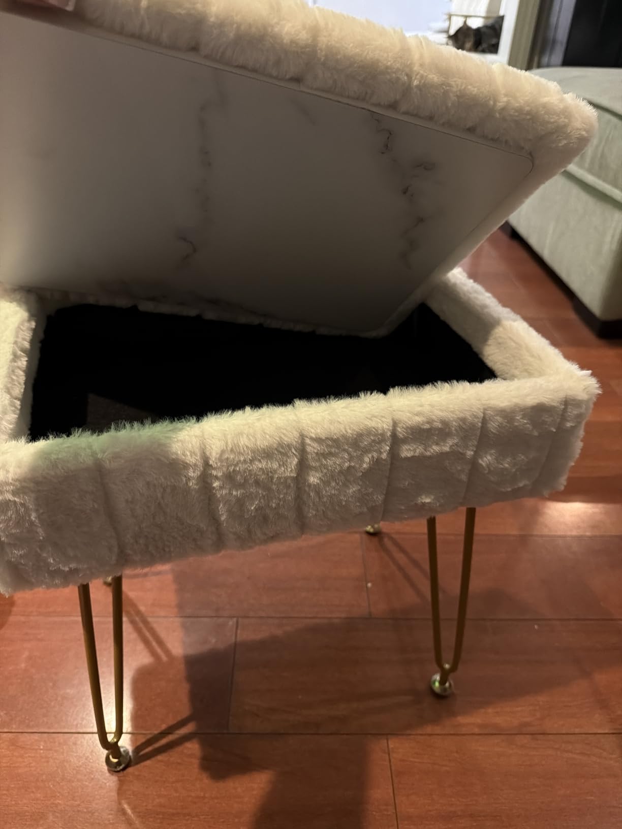 FUXA Vanity Stool Chair with Storage, Faux Fur and Metal Legs, White | Soft Padded Seat, Anti-Slip Adjustable Feet, Modern Style, Multifunctional for Bedroom and Entryway customer photo 2