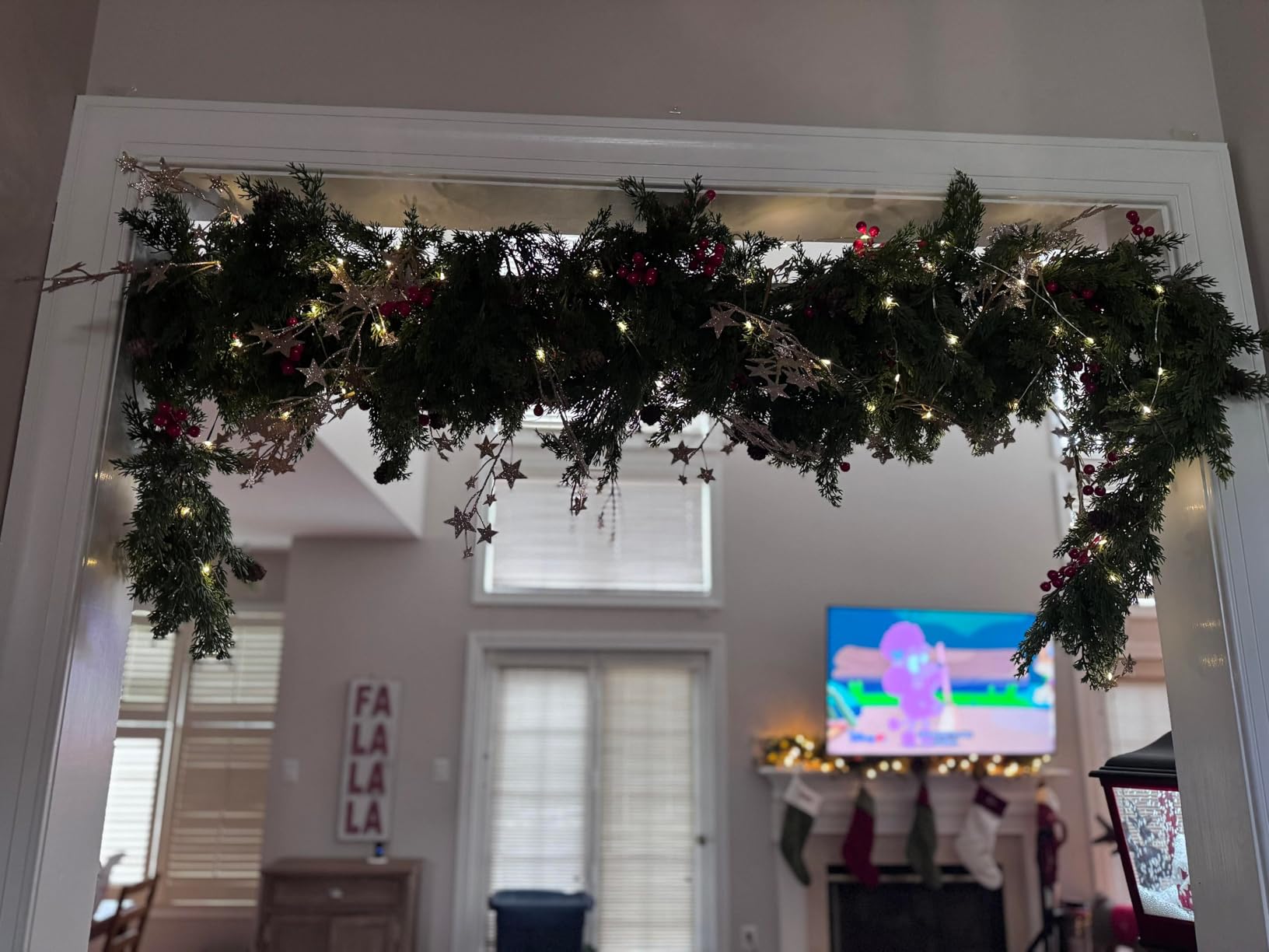 ENVEN Faux Cedar Christmas Garland with Red Berries & Pine Cones - Full Faux Winter Greenery for Holiday Mantel, Staircase, Doorway, Indoor Outdoor Christmas Decor (6FT-Lush Cedar) customer photo 1