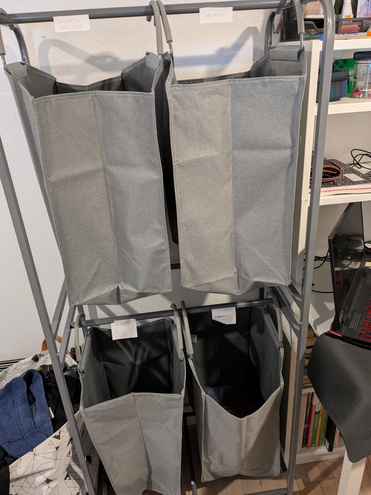 STORAGE MANIAC 4 Section Vertical Laundry Hamper, 2 Tier Laundry Sorter with 4 Removable Tote Bags, Rolling Clothes Basket for Towels, Blankets, Tall Dirty Clothes Hamper for Closet, 4 Bags Gray customer photo 1