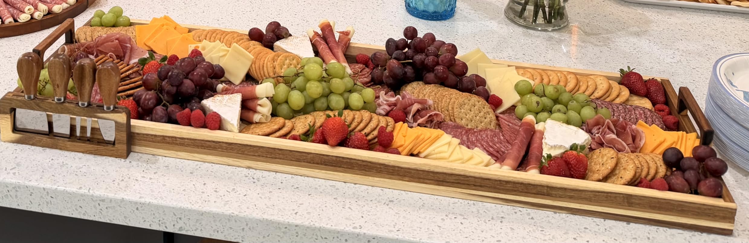Acacia Wood Large Charcuterie Board 36x12 Inch with Cheese Knife Set | Extra Large Acacia Wood Board with Handles, 30PCS Wax Paper Included, 3ft Long Tray for Party, Picnic and Home Entertaining customer photo 2