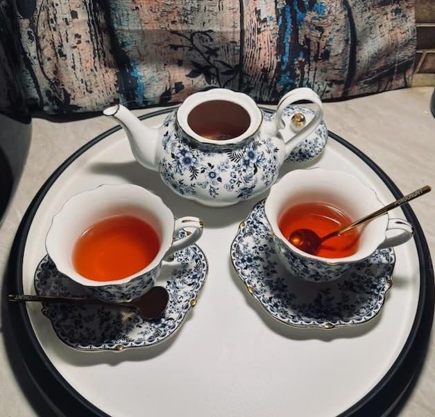 Vintage Floral Porcelain Bone China Tea Set - 1 Teapot, 2 Cups & Saucers with Gold Trim, Includes 2 Spoon, 22oz Floral Ceramic Teapot (Suitable for 1 to 3 people) (White Camellia) customer photo 1