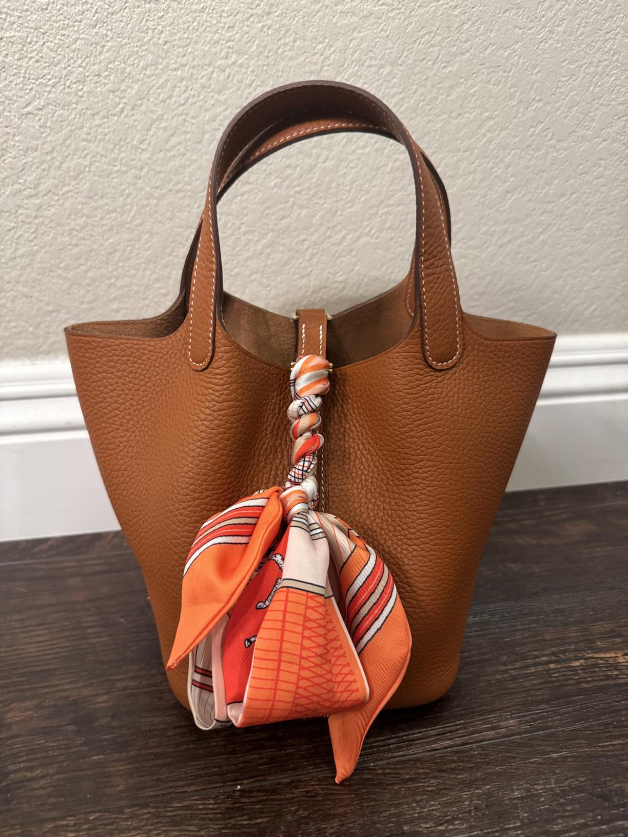 Genuine Leather Bucket Bag with a Scarf for Women Handbag tote bag with metal clasp, market tote bag (Brown-gold) customer photo 1