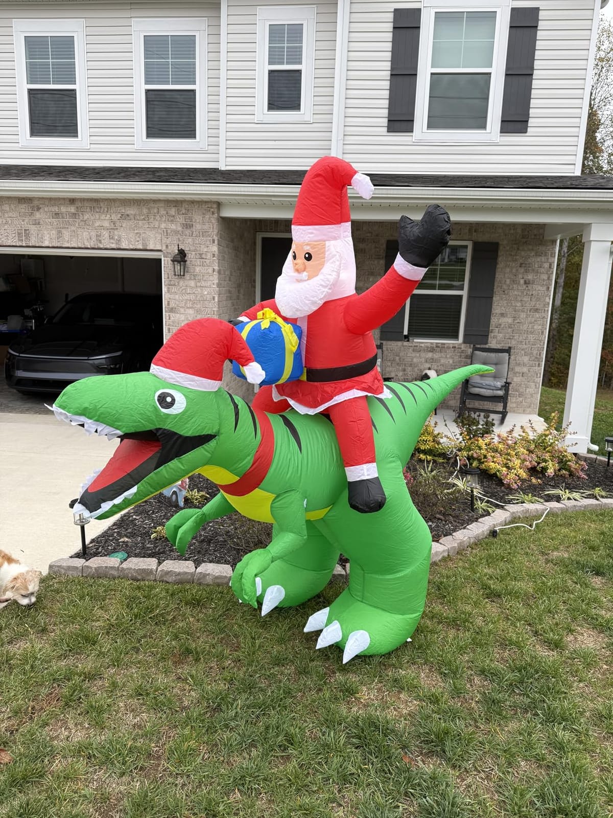 9x7FT Christmas Inflatables Santa Ride on Dinosaur with LED Outdoor Christmas Dinosaur Inflatable Blow Up Yard Decorations with Sandbags Stakes Strings for Garden Decor customer photo 1