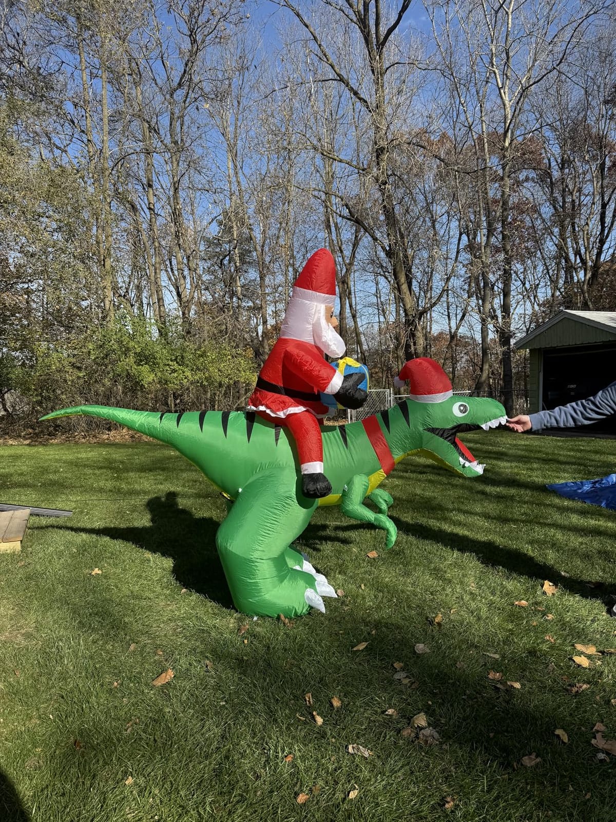 9x7FT Christmas Inflatables Santa Ride on Dinosaur with LED Outdoor Christmas Dinosaur Inflatable Blow Up Yard Decorations with Sandbags Stakes Strings for Garden Decor customer photo 2