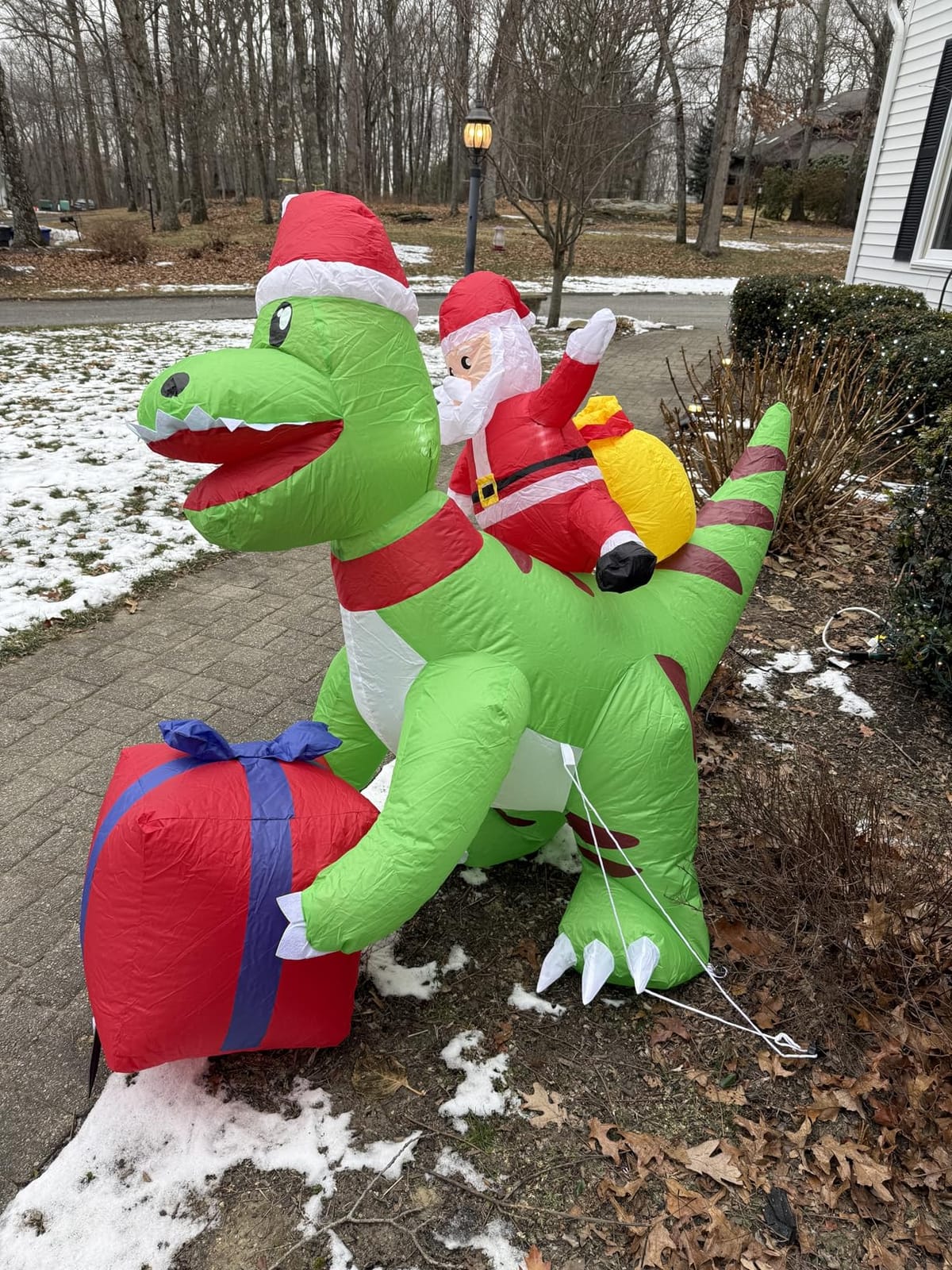 5 Ft Christmas Inflatable T-Rex Dinosaur with Santa Claus, Built-in LED | Green T-Rex holding gift box, indoor outdoor holiday yard blow up decoration, lawn Christmas party decor, lights up customer photo 1
