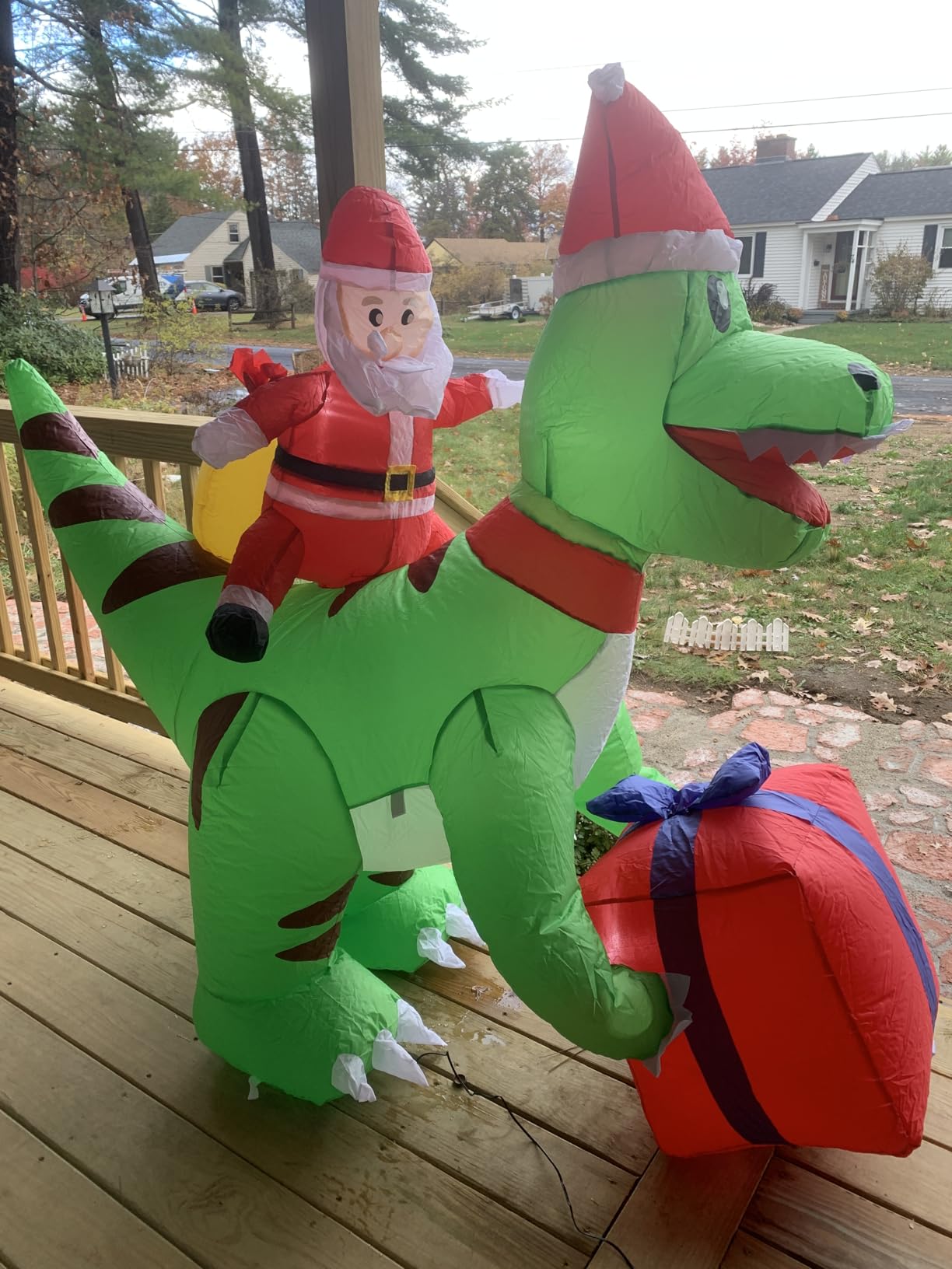 5 Ft Christmas Inflatable T-Rex Dinosaur with Santa Claus, Built-in LED | Green T-Rex holding gift box, indoor outdoor holiday yard blow up decoration, lawn Christmas party decor, lights up customer photo 2