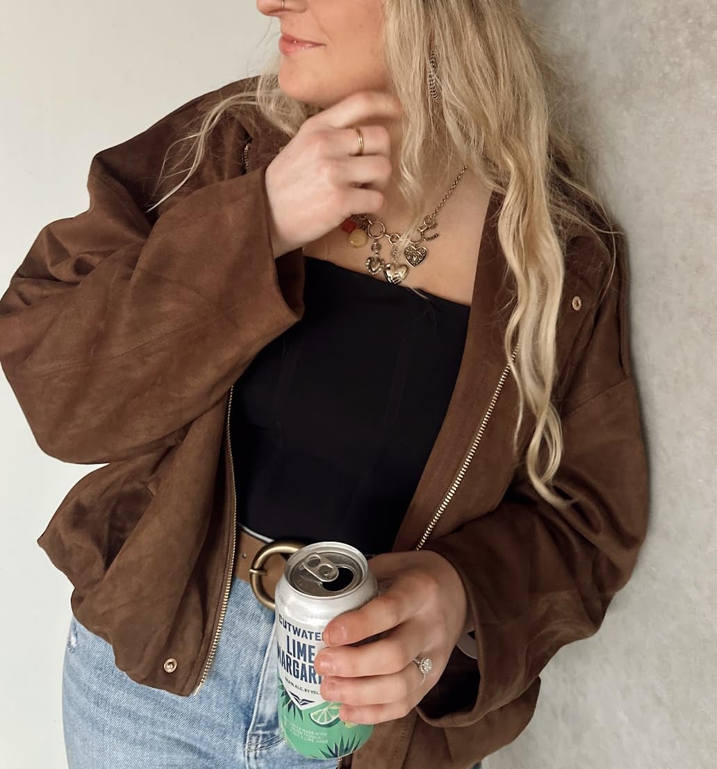 Womens Faux Suede Bomber Jacket Oversized Long Sleeve Cropped Coat | Lightweight Going Out Suede Jackets, 2 Pockets, Lapel Collar, Batwing Sleeve, Zip up, Outerwear for Casual Daily Vacation customer photo 2