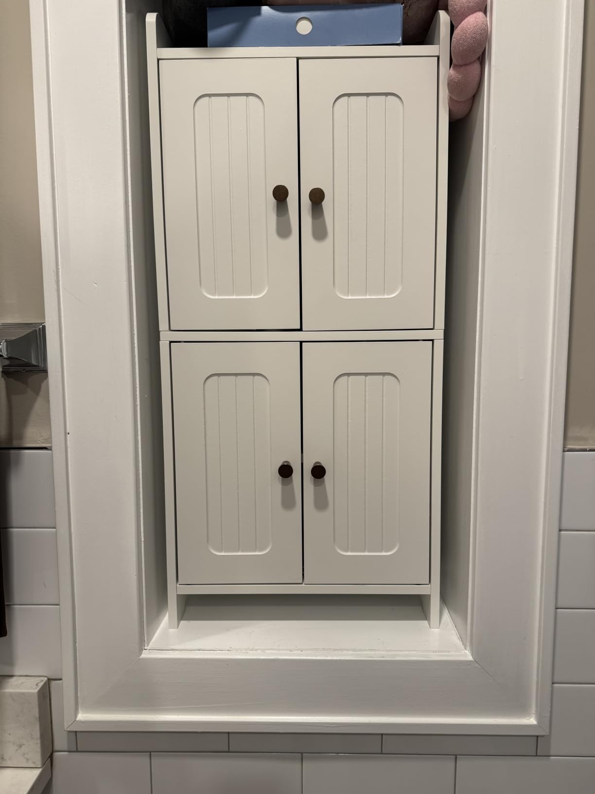 BEWISHOME Small Floor Cabinet, Toilet Paper Storage, Bathroom Storage Cabinet | with 4 Doors and Shelves, Bathroom Organizers and Storage for Small Spaces, White 7.9