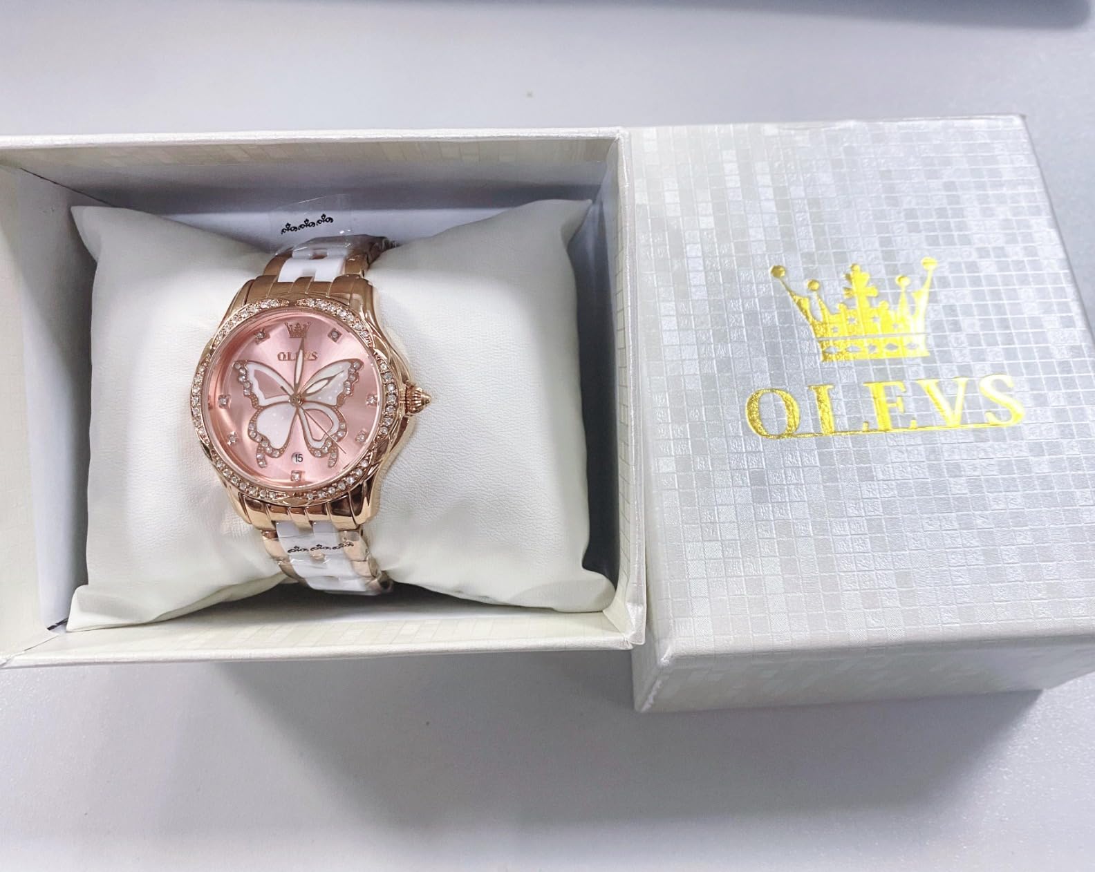 OLEVS Watches for Women Rose Gold Two Tone Fashion White Ceramic Ladies Wrist Watches Pink/Red Dial Stainless Steel Waterproof Date customer photo 2