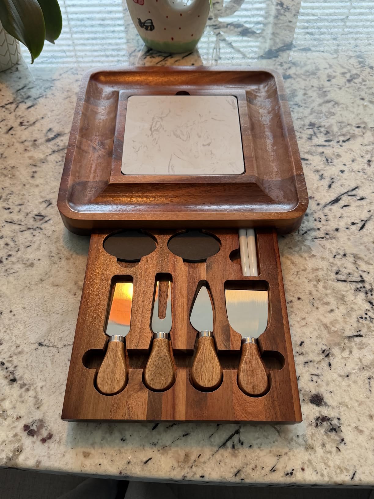 Premium Acacia Cheese Board Set with Marble Style Slate | Hosting Essentials; Housewarming Gifts New Home, 4 knives chalk labels ceramic insert; gift-ready box for hosts & wine lovers customer photo 2