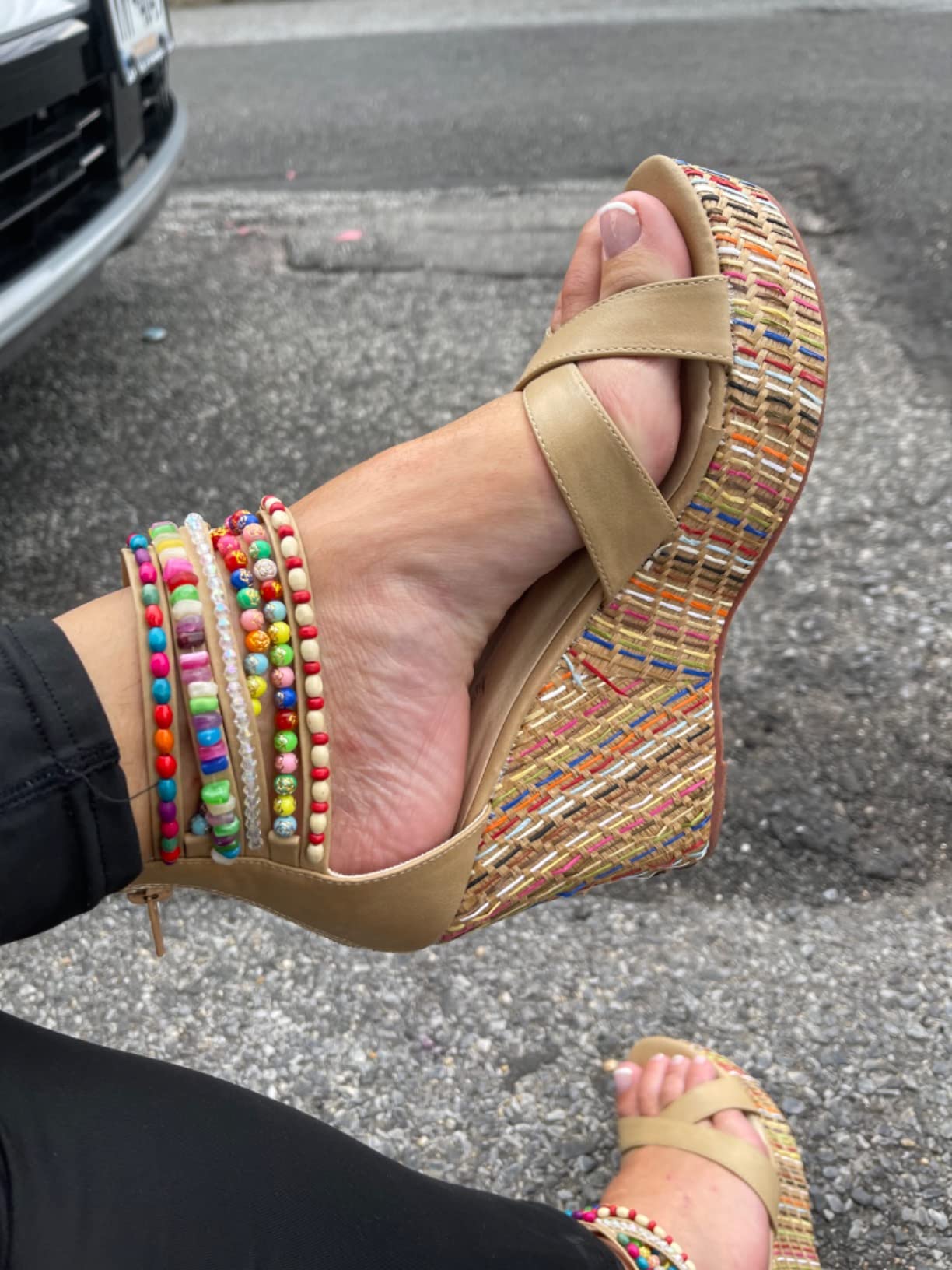 getmorebeauty Women's Wedge Sandals With Pearls Across The Top Platform Sandals High Heels customer photo 2