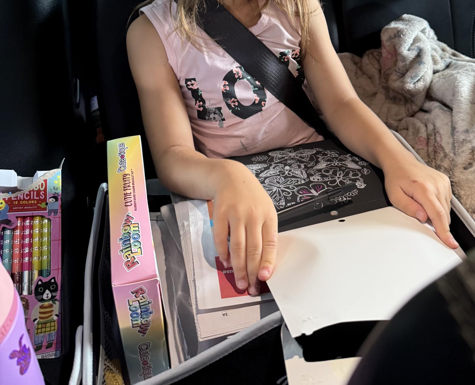 PILLANI Kids Travel Tray for Car - Car Seat Tray with Activity Sheets & Pens, Road Trip Essentials for Car & Airplane, Must Have Toddler Travel Lap Desk Accessories - Road Trip Activities for Kids customer photo 1