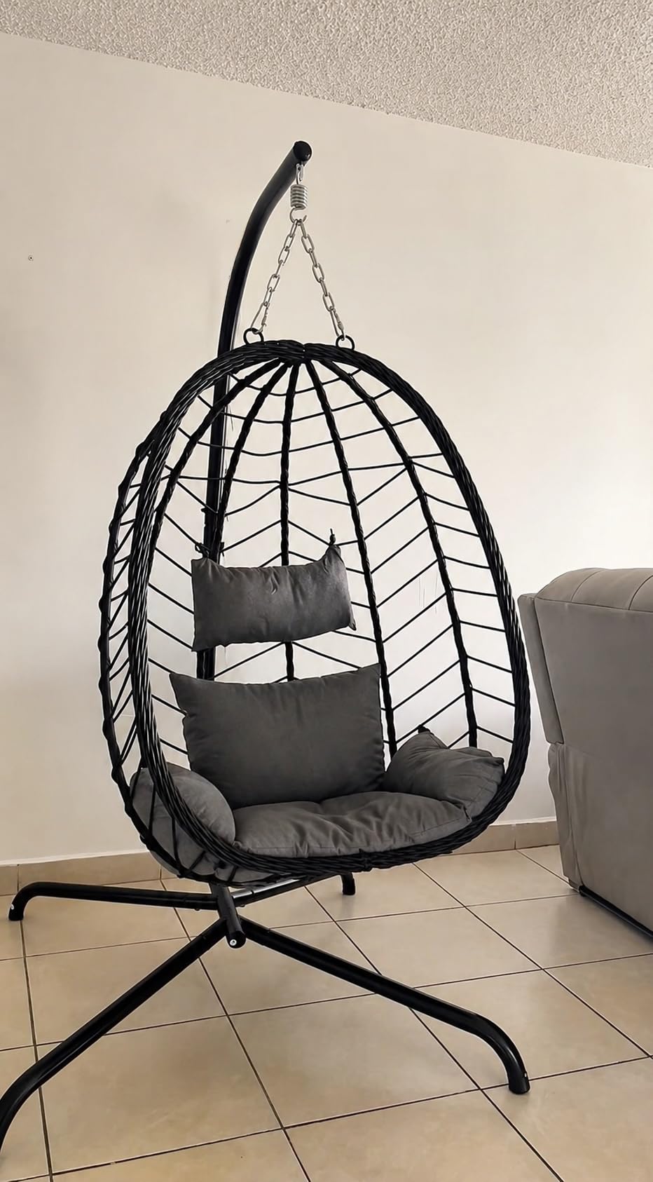 LEX CRAFT Hanging Egg Chair with Stand, Swinging Egg Chair Outdoor Indoor, Hanging Basket Chair with Cushion, Patio Wicker Hammock Chair 350lbs Capacity (Gery-Gery) customer photo 2