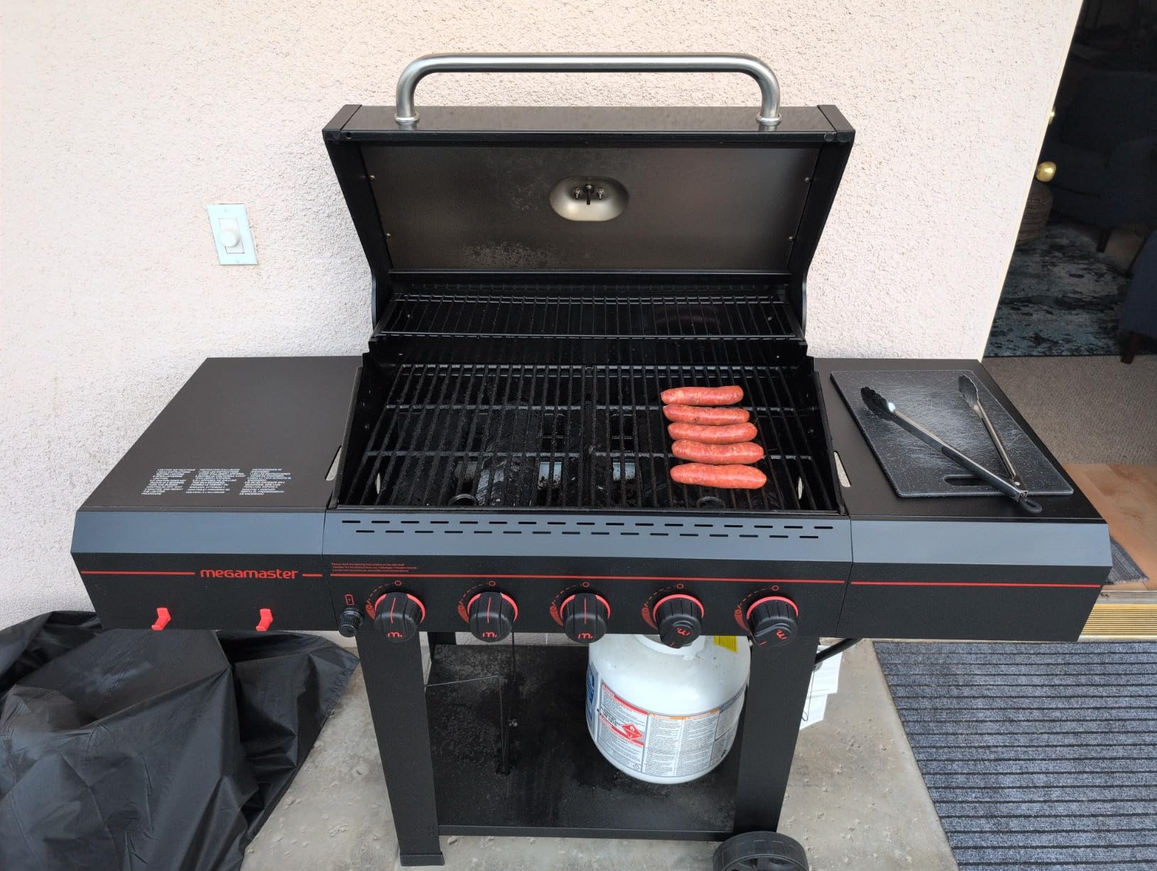Megamaster Cart 5 Burner Gas Grill, Side Tables with Accessory Hooks, Black customer photo 2