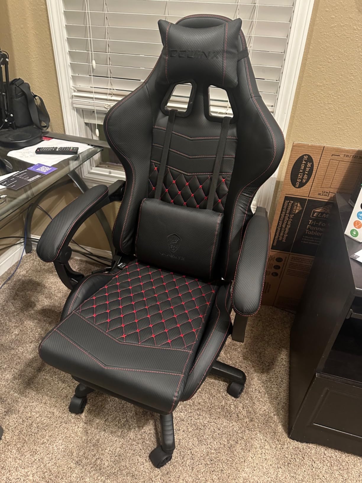 Dowinx Gaming/Office PC Chair with Massage Lumbar Support, Vintage Style PU Leather High Back Adjustable Swivel Task Chair with Footrest (Black and Red) customer photo 2