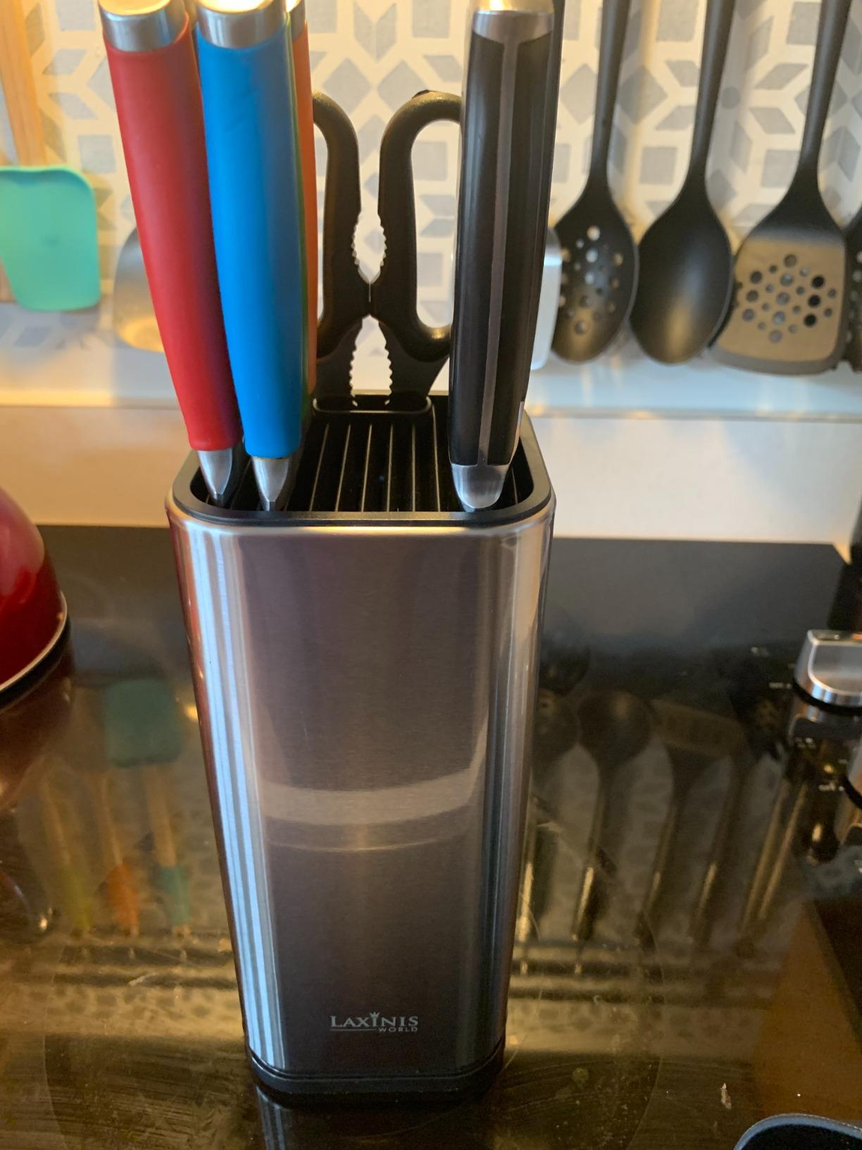 Laxinis World Universal Knife Block, Stainless-Steel Modern Rectangular Design with Scissors-Slot, Knife Holder Counter-top Storage, Holds 12 8”-Blade Knives, 9.1” by 4”(knives not included) customer photo 1