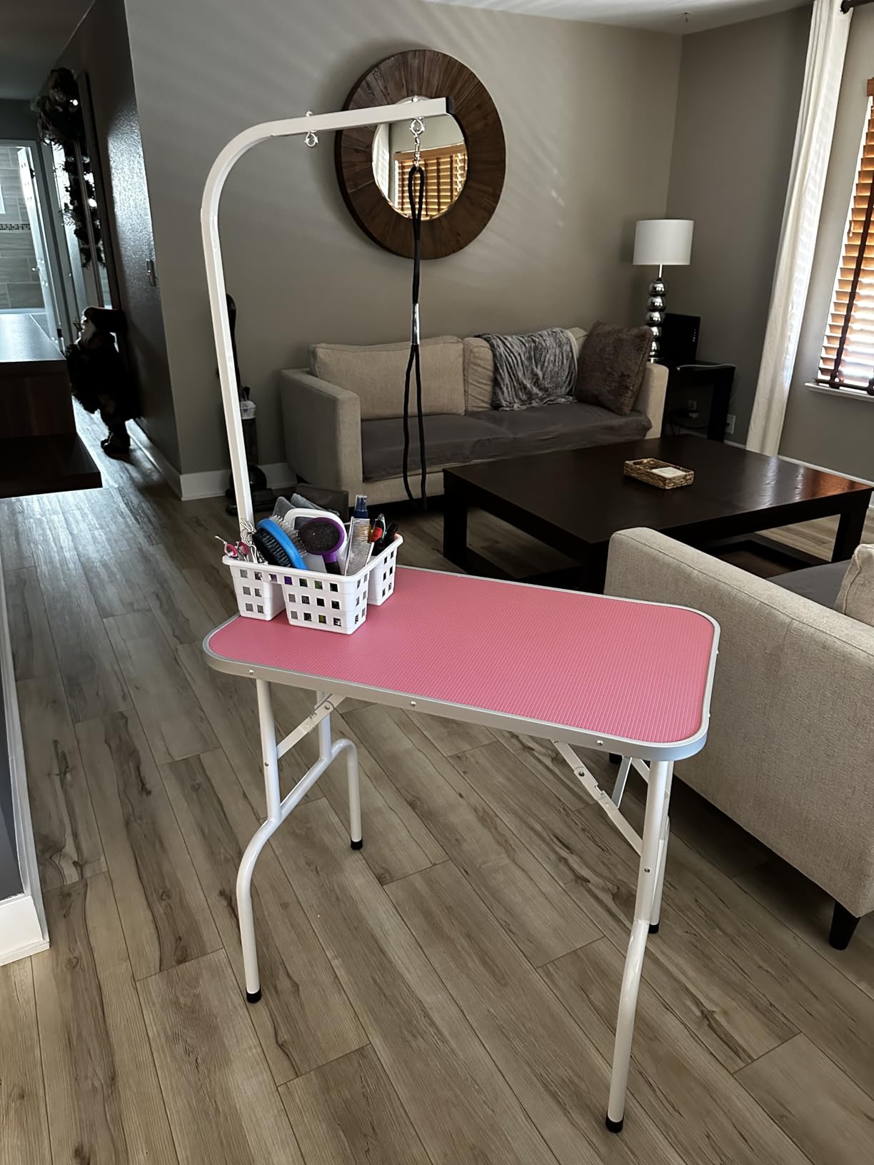 LEIBOU Pet Dog Grooming Table Foldable Grooming Table Heavy Duty Iron Frame with Arm & Noose for Dog Cat Pet Grooming (32'', Pink) customer photo 1