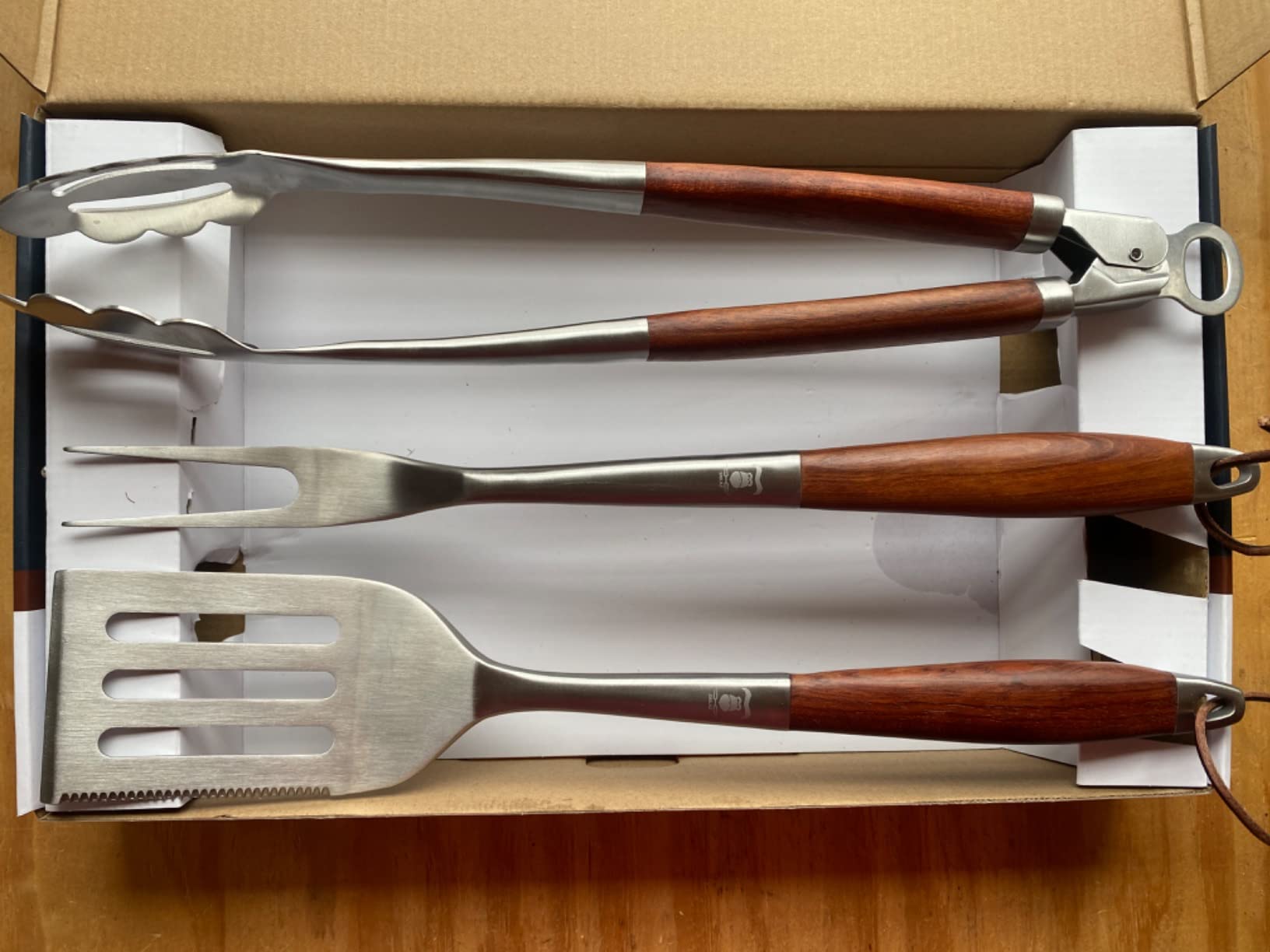 GRILAZ Heavy-Duty Rose Wooden BBQ Grilling Tools Set. Extra Thick Stainless Steel Multi-Function Spatula, Fork & Tongs | Essential Accessories for Barbecue & Grill. Ideal Gift for Father… customer photo 1