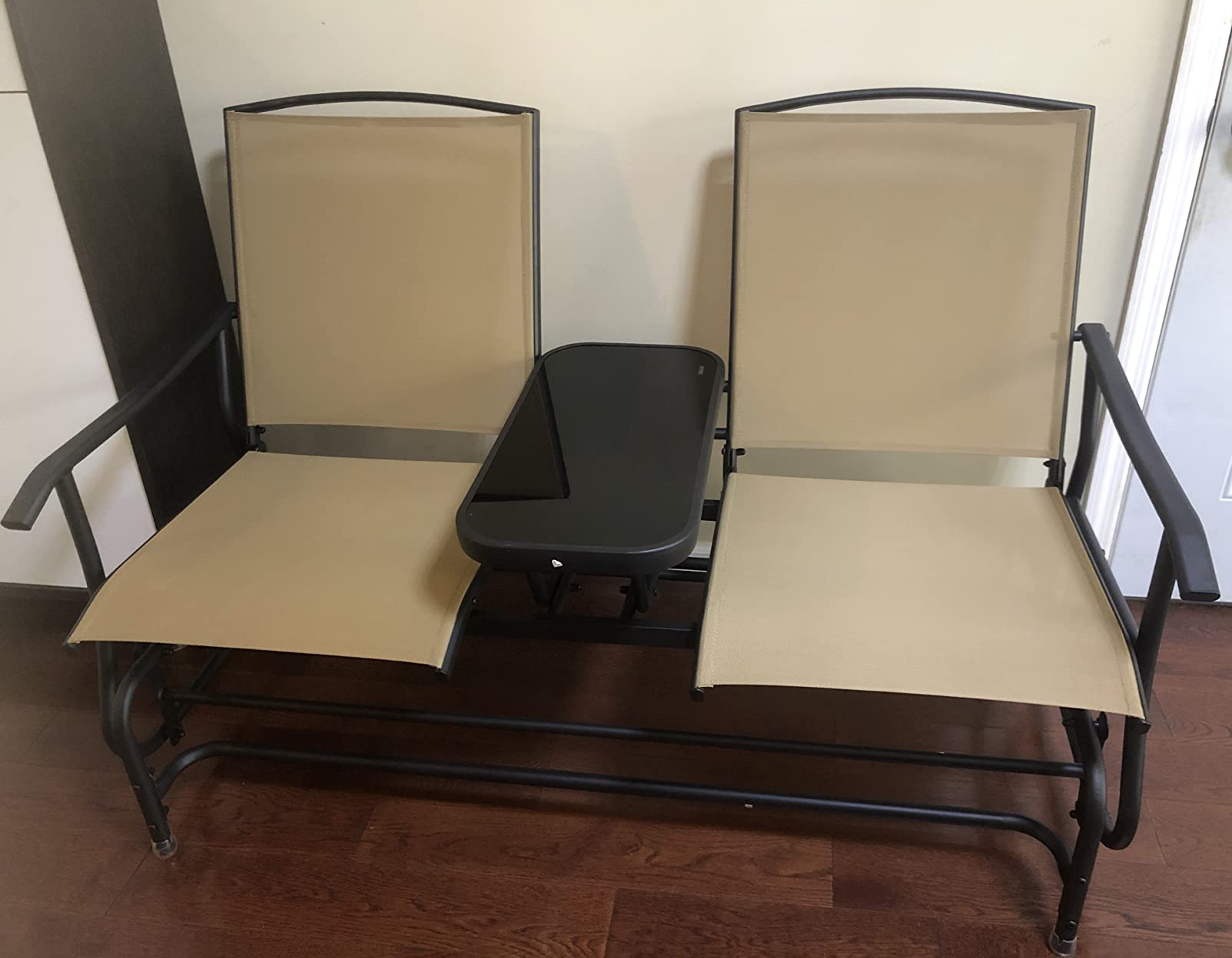 Tangkula 2 Person Swing Glider Chair, Patio Rocking Loveseat w/Center Tempered Glass Table, Outdoor Swing Bench w/Steel Frame & Breathable Mesh Fabric for Porch, Balcony, Poolside (Beige) customer photo 1