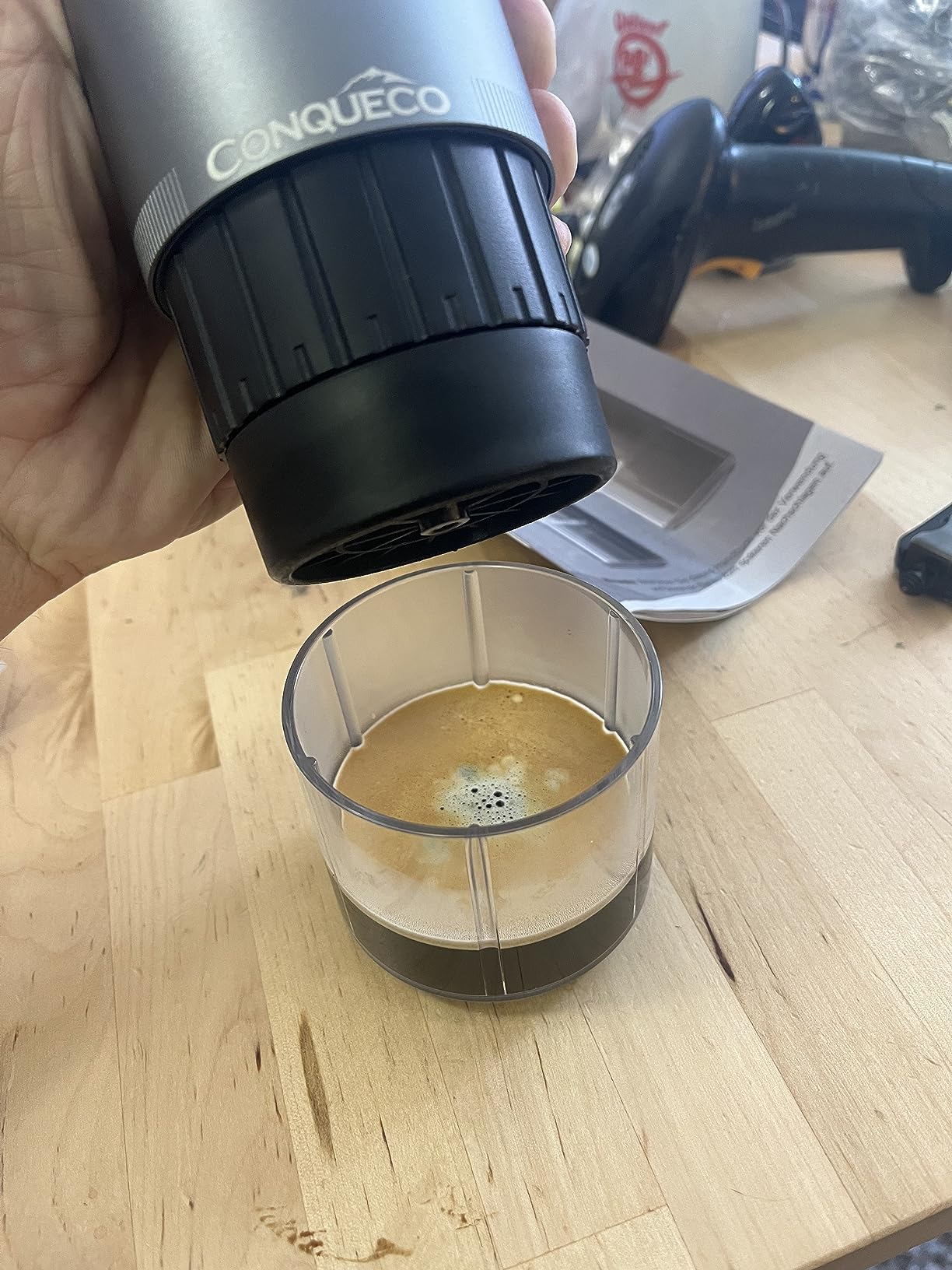 CONQUECO Portable Coffee Machine Travel - 12v Car Espresso Maker with Battery for Camping - Small Electric - 3 Mins Heating - Rechargeable USB Charging customer photo 1